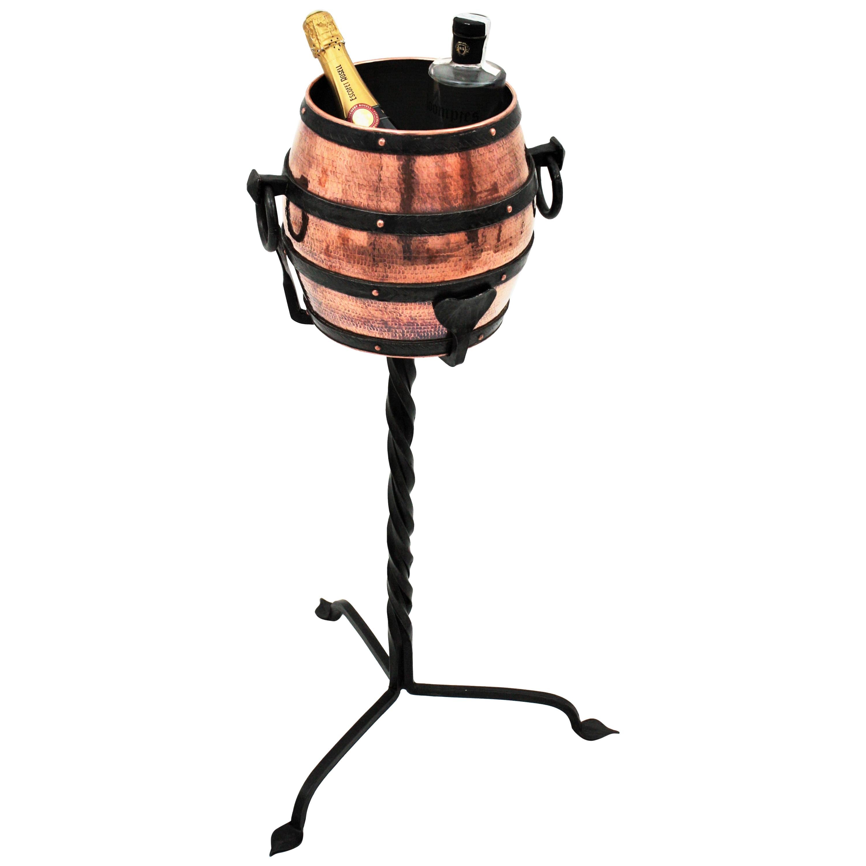 Copper Barrel Ice Bucket Champagne Cooler on Hand Forged Iron Stand