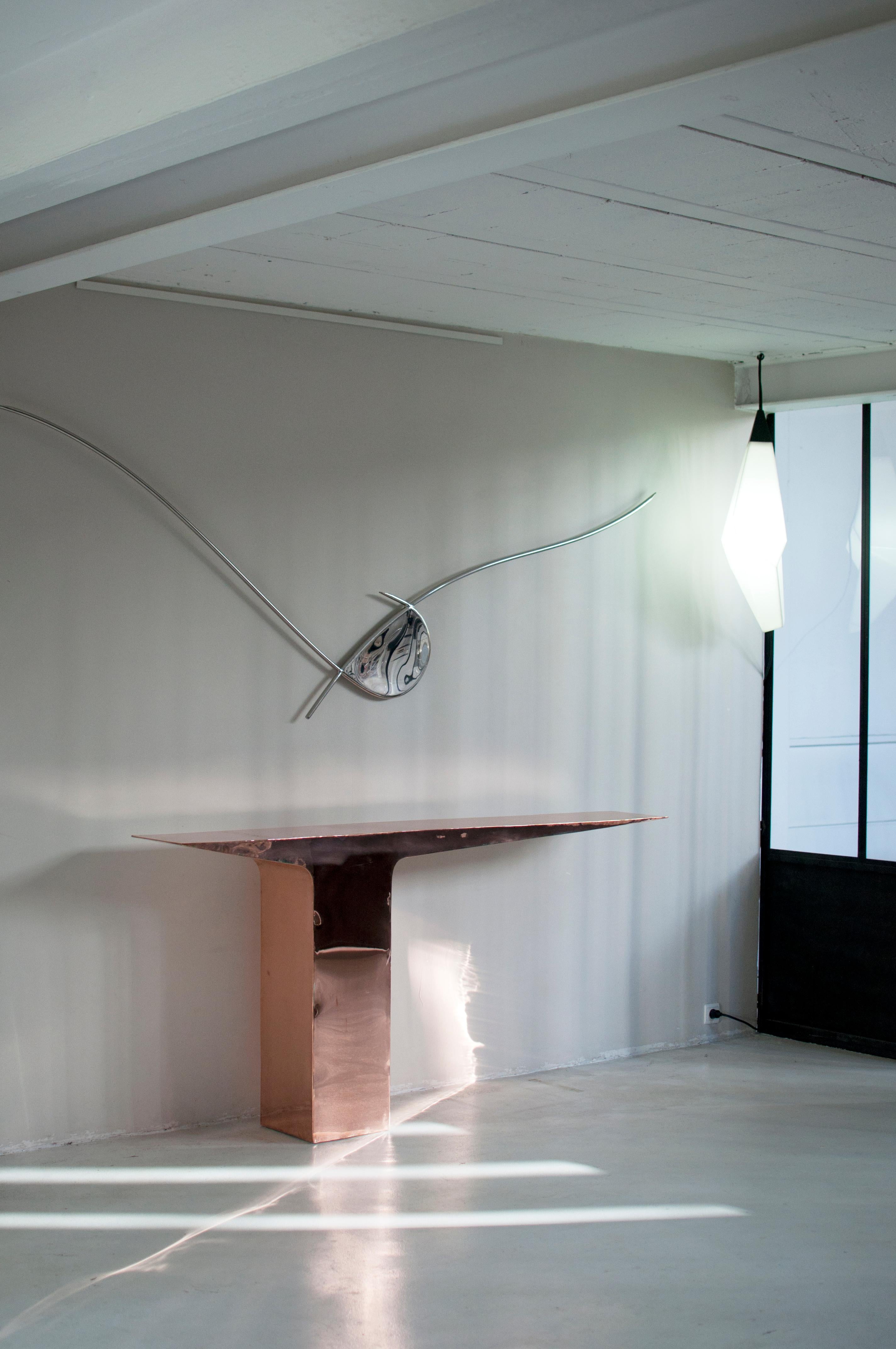 Polished Copper Blade Console by Pol Quadens For Sale