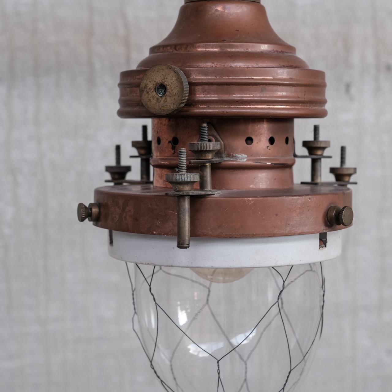 French Copper, Brass and Glass Antique Industrial Pendant Light For Sale