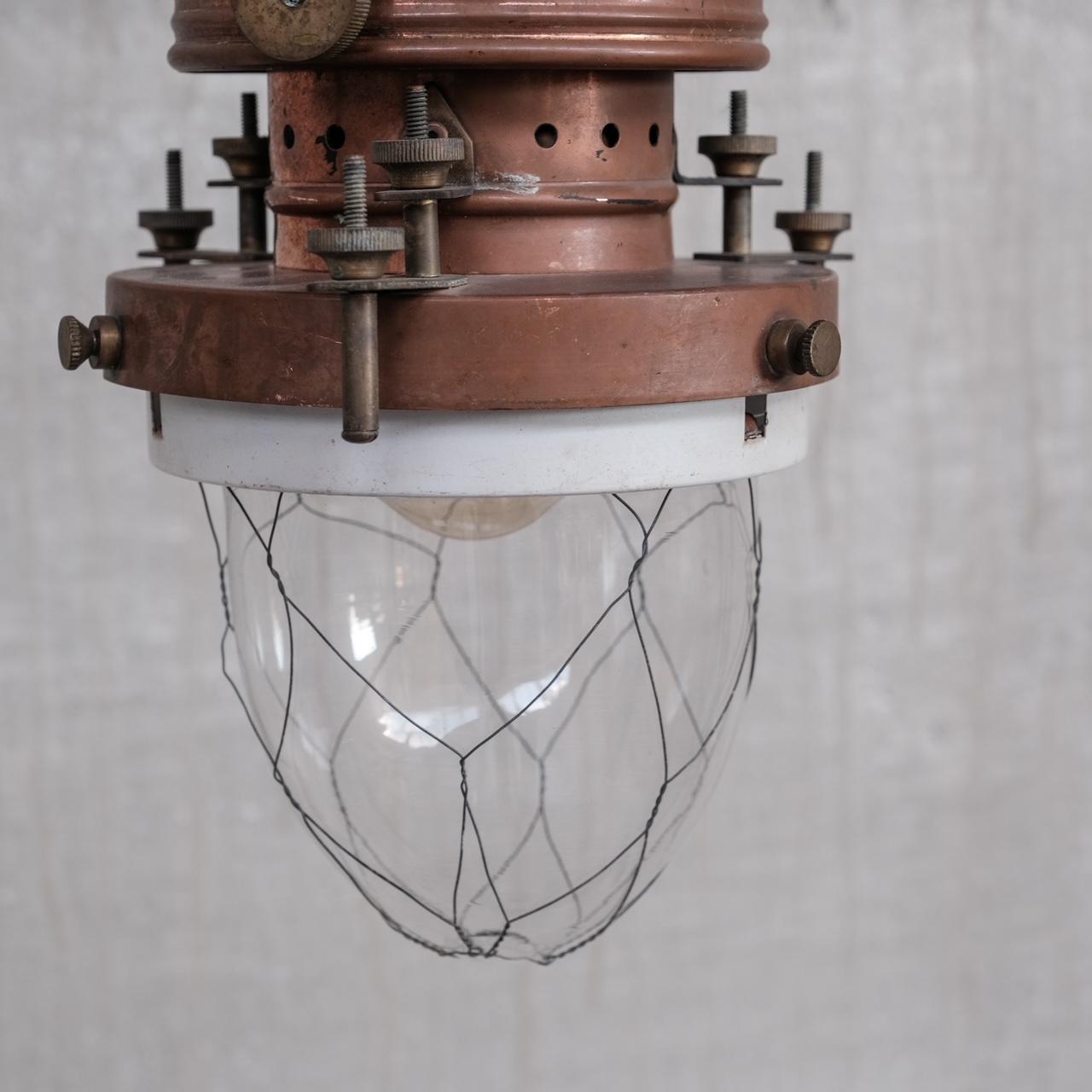 Copper, Brass and Glass Antique Industrial Pendant Light In Good Condition For Sale In London, GB