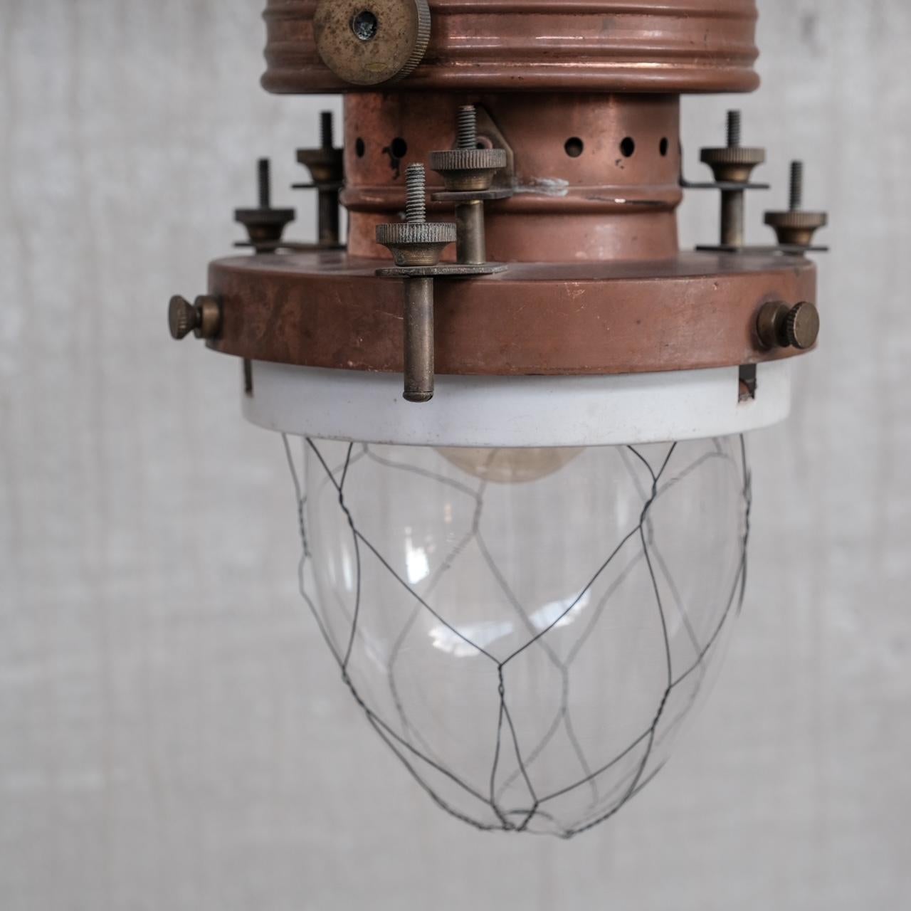 Copper, Brass and Glass Antique Industrial Pendant Light For Sale 1