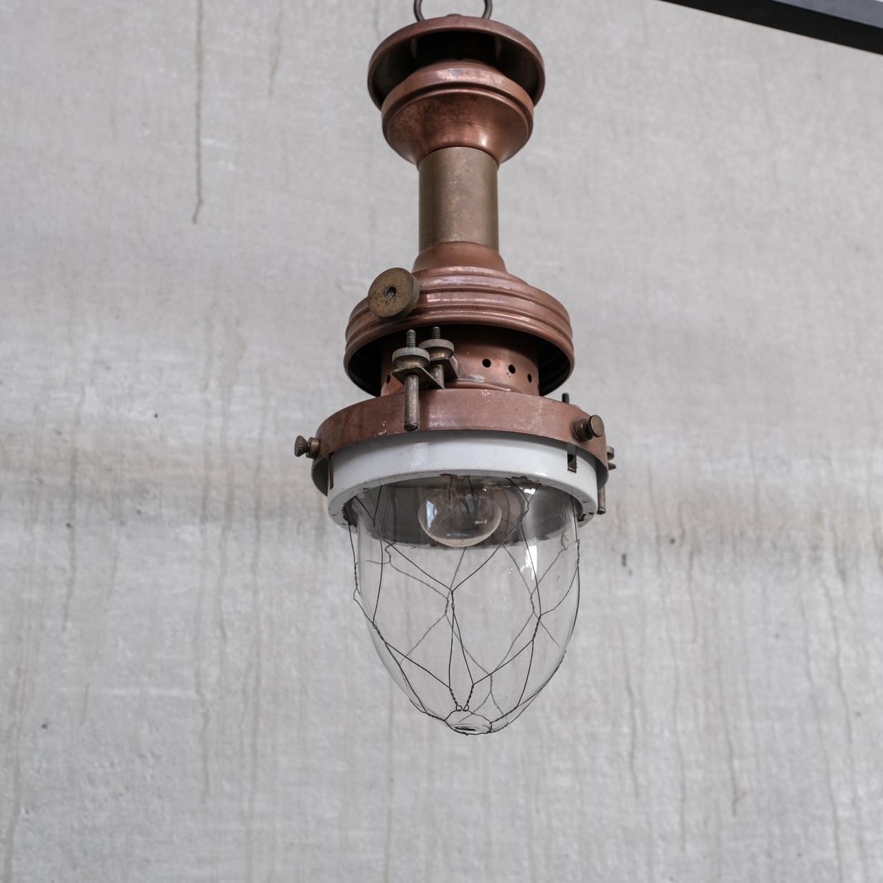 Copper, Brass and Glass Antique Industrial Pendant Light For Sale 2