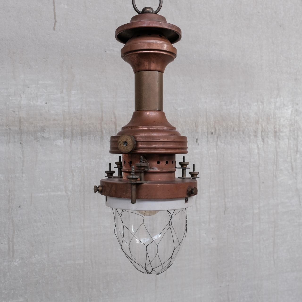 Copper, Brass and Glass Antique Industrial Pendant Light For Sale 3