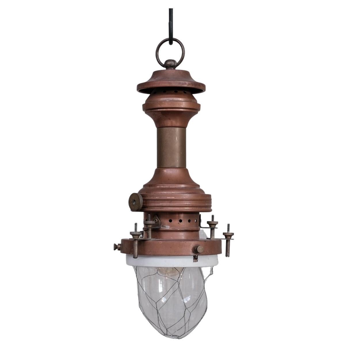 Lampe pendante industrielle ancienne en cuivre, laiton et verre