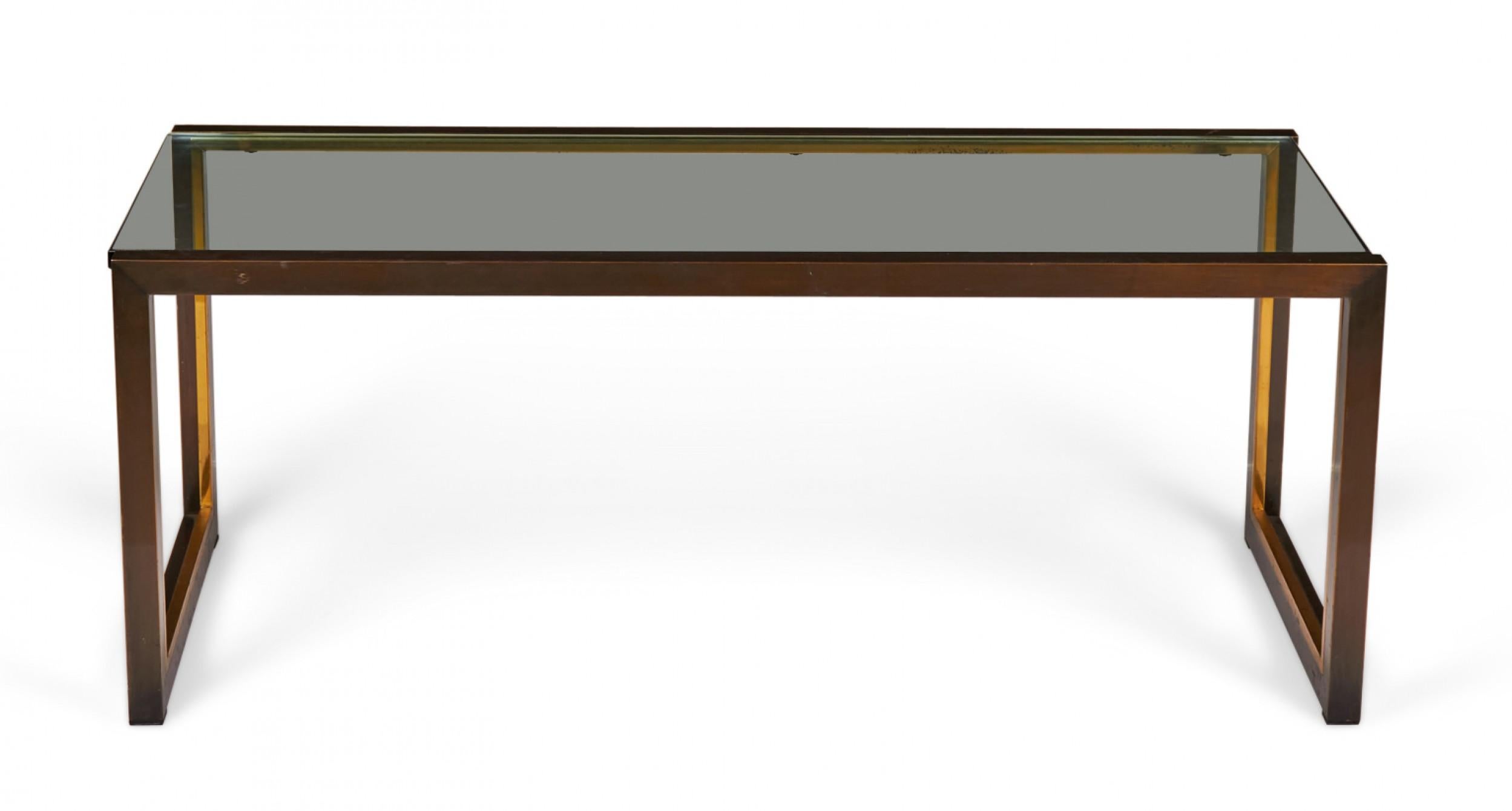 American Copper, Brass, and Smoked Glass Coffee / Cocktail Table For Sale