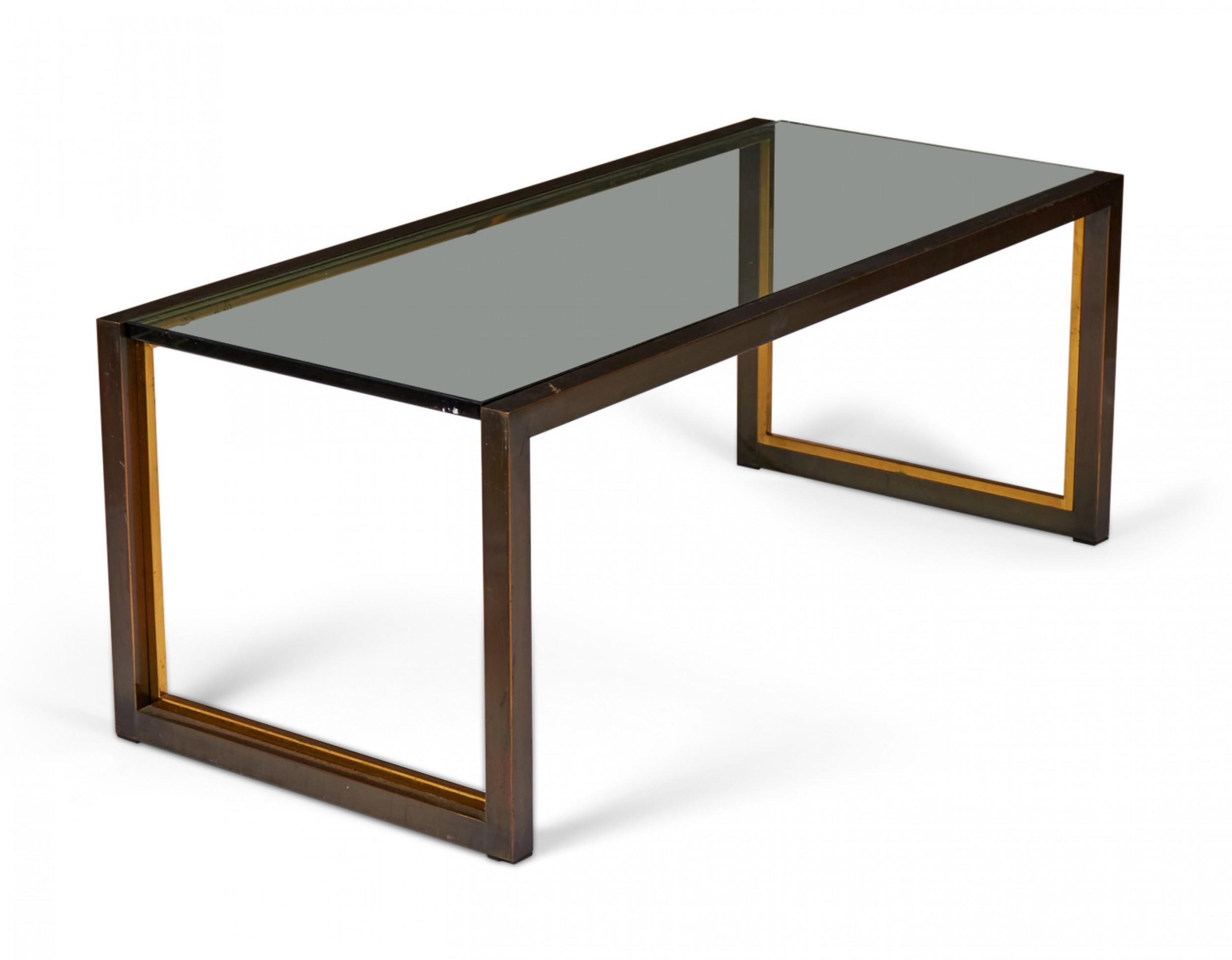 Metal Copper, Brass, and Smoked Glass Coffee / Cocktail Table For Sale
