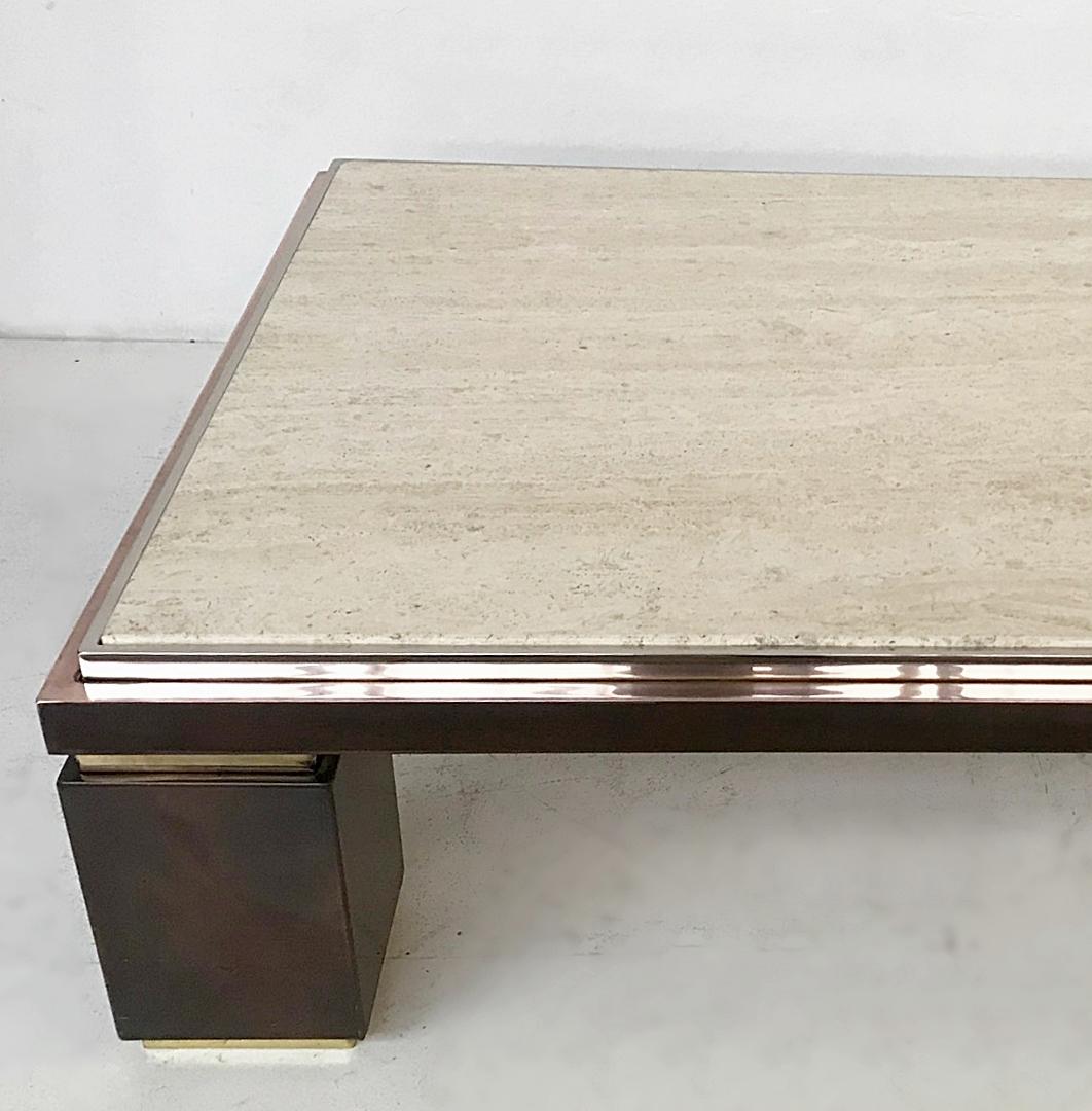 Mid-Century Modern Copper, Brass and Travertin Coffee Table by Belgo Chrome, 1980s