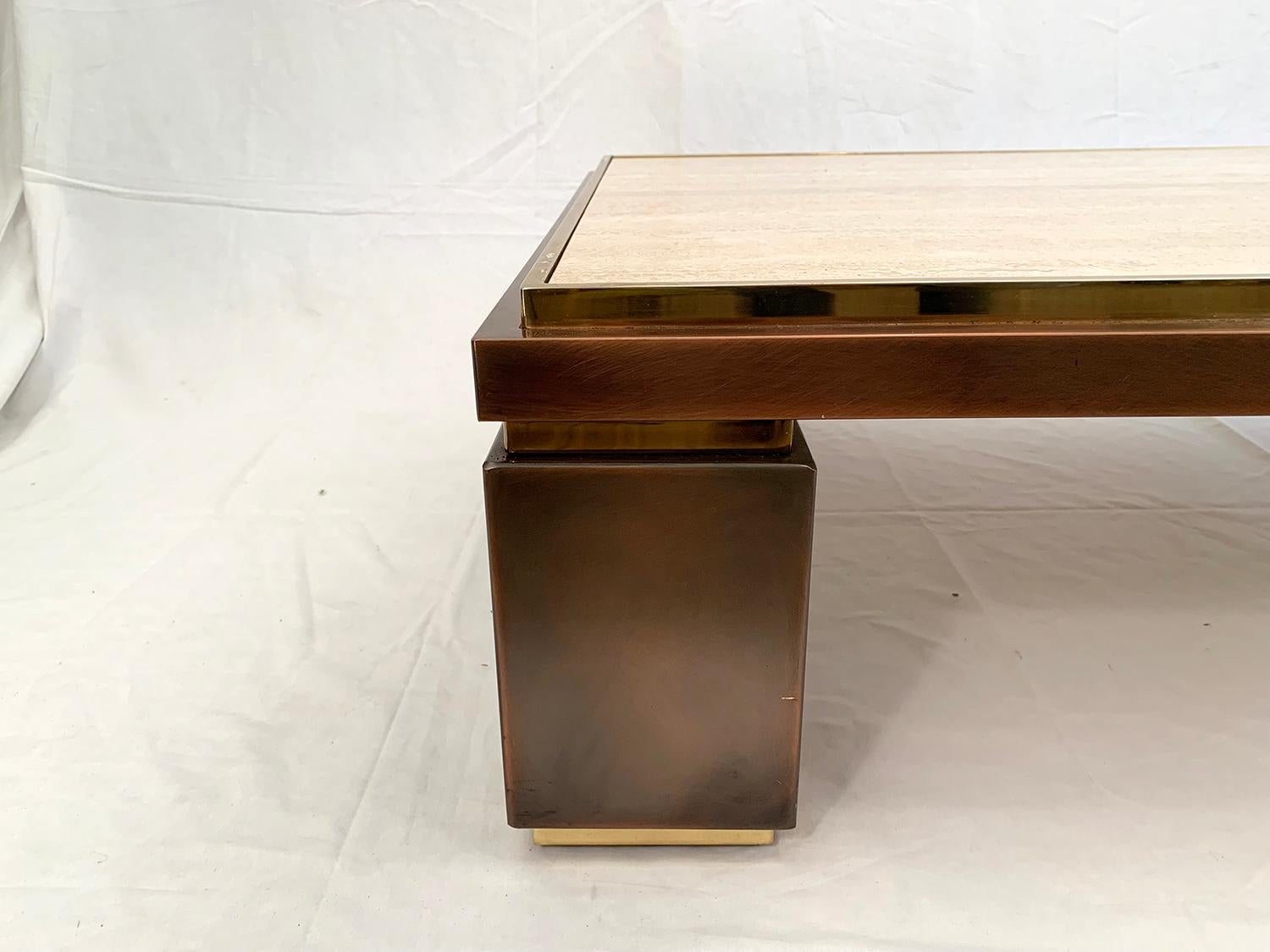 Mid-Century Modern Copper, Brass and Travertin Coffee Table by Belgo Chrome For Sale