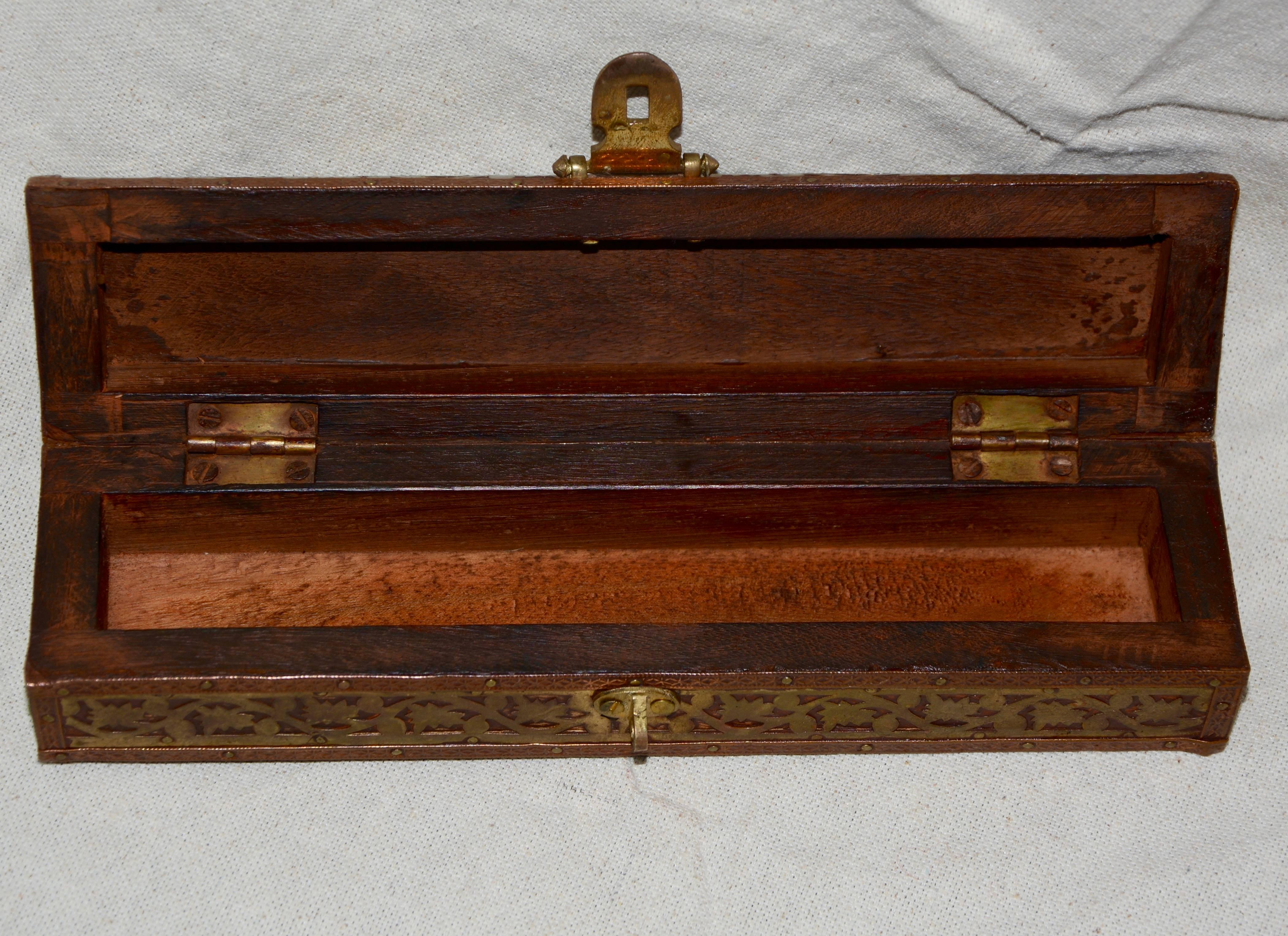 Embossed Copper, Brass and Wood Box with Mother of Pearl Handle Letter Opener For Sale