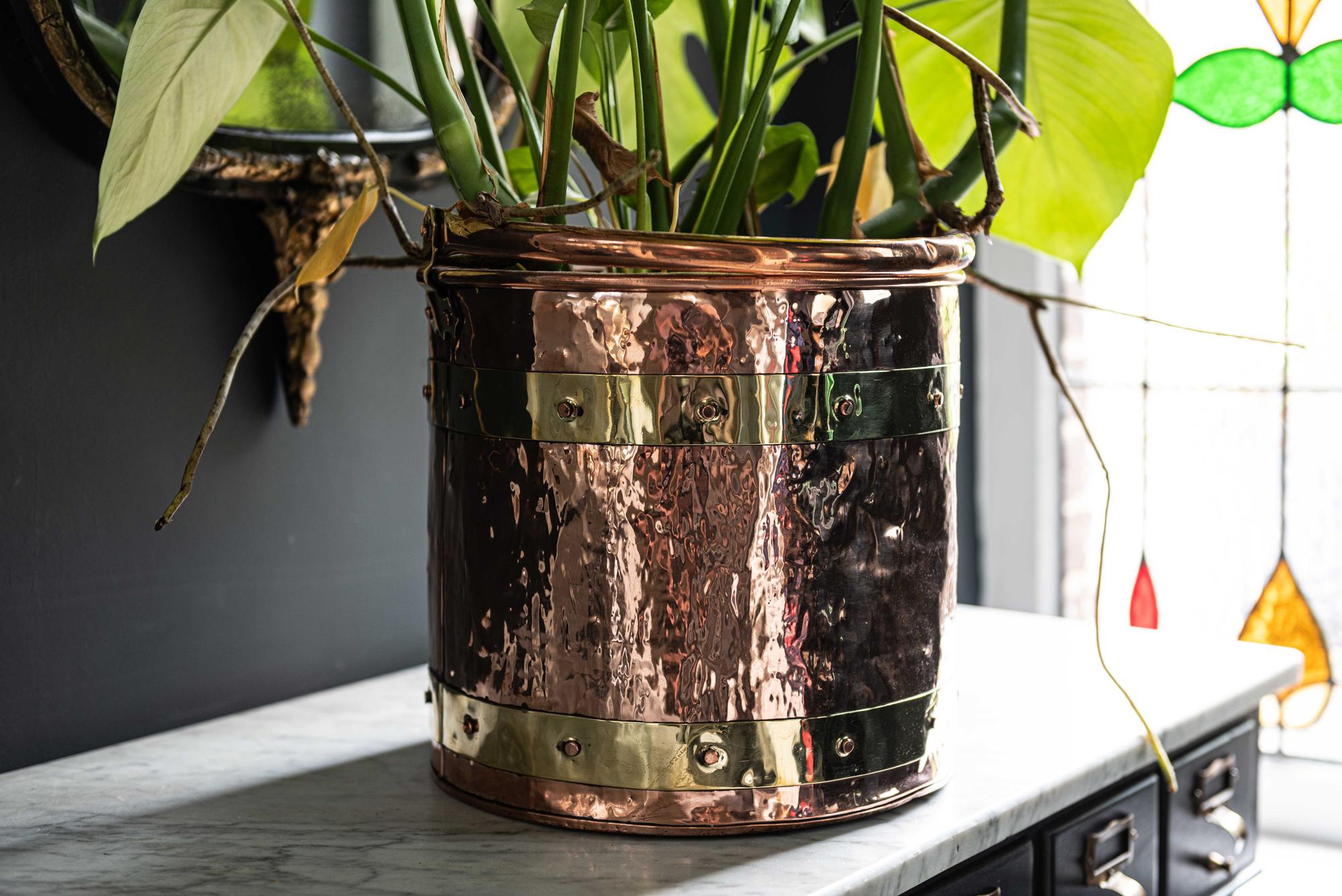 Copper and brass riveted coal bucket, late 19th century.
Copper polished with brass belted and riveted straps.

Measures: Height 28, diameter 30 cm.