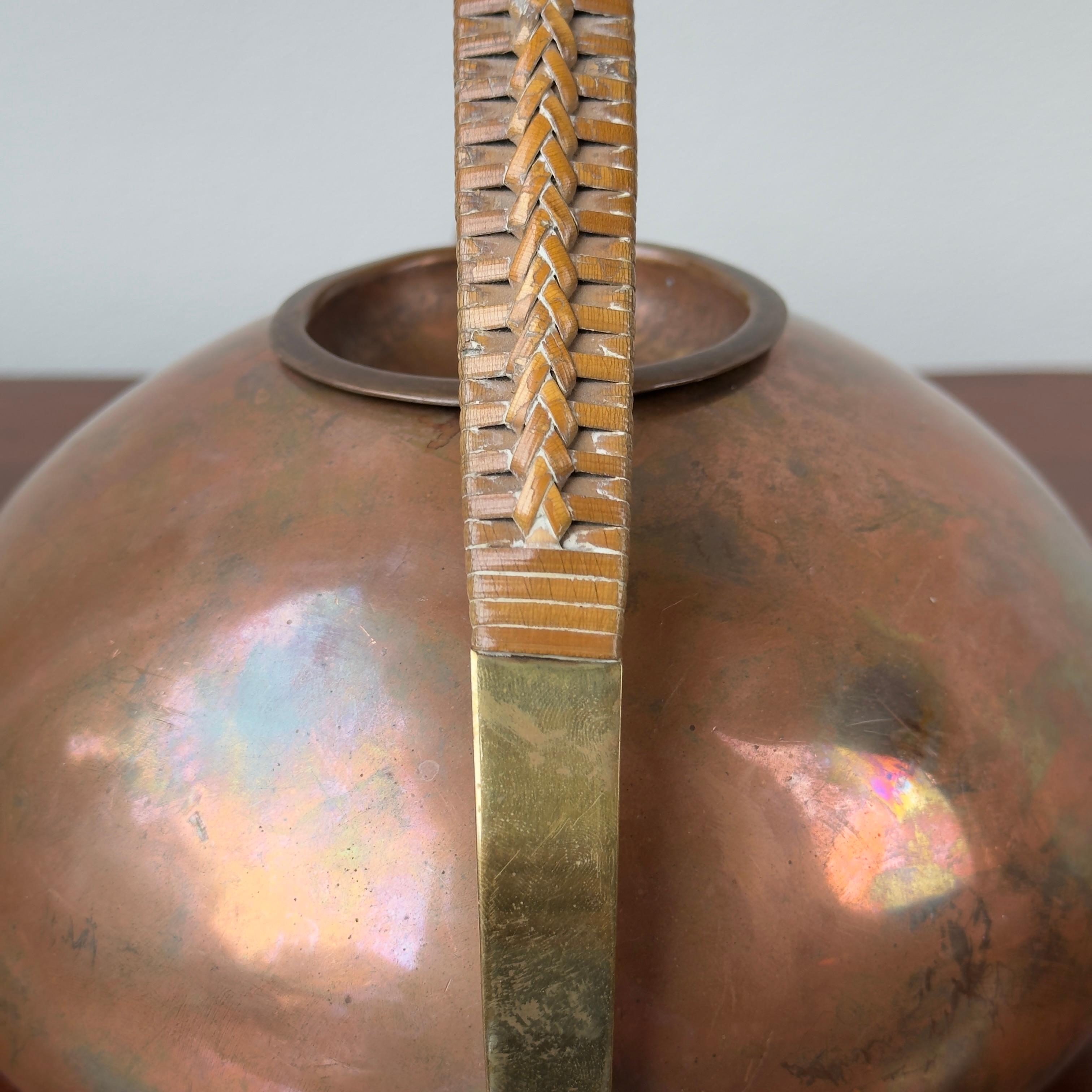 Mid-Century Modern Copper, Brass & Wicker Teapot, Carl Auböck II, 1950s For Sale