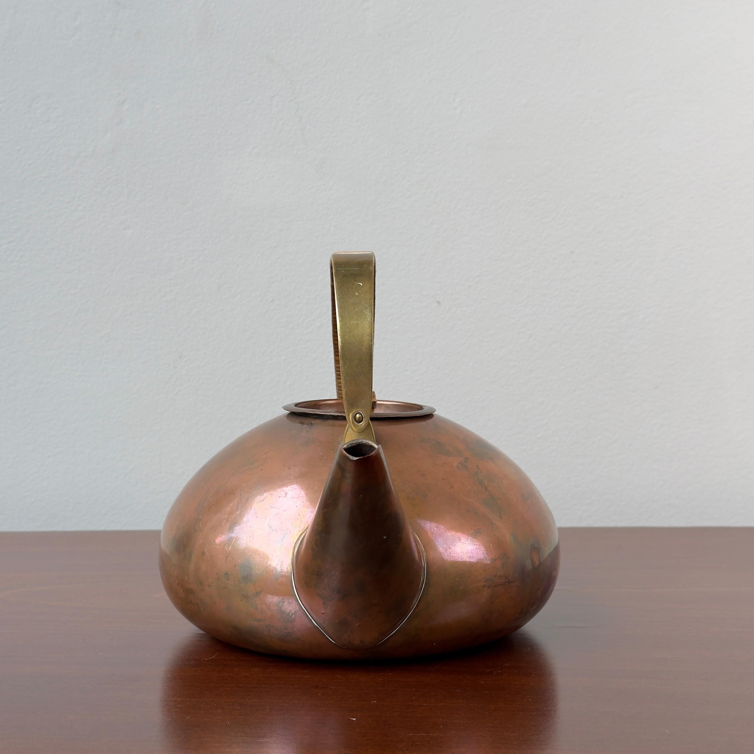 Austrian Copper, Brass & Wicker Teapot, Carl Auböck II, 1950s For Sale