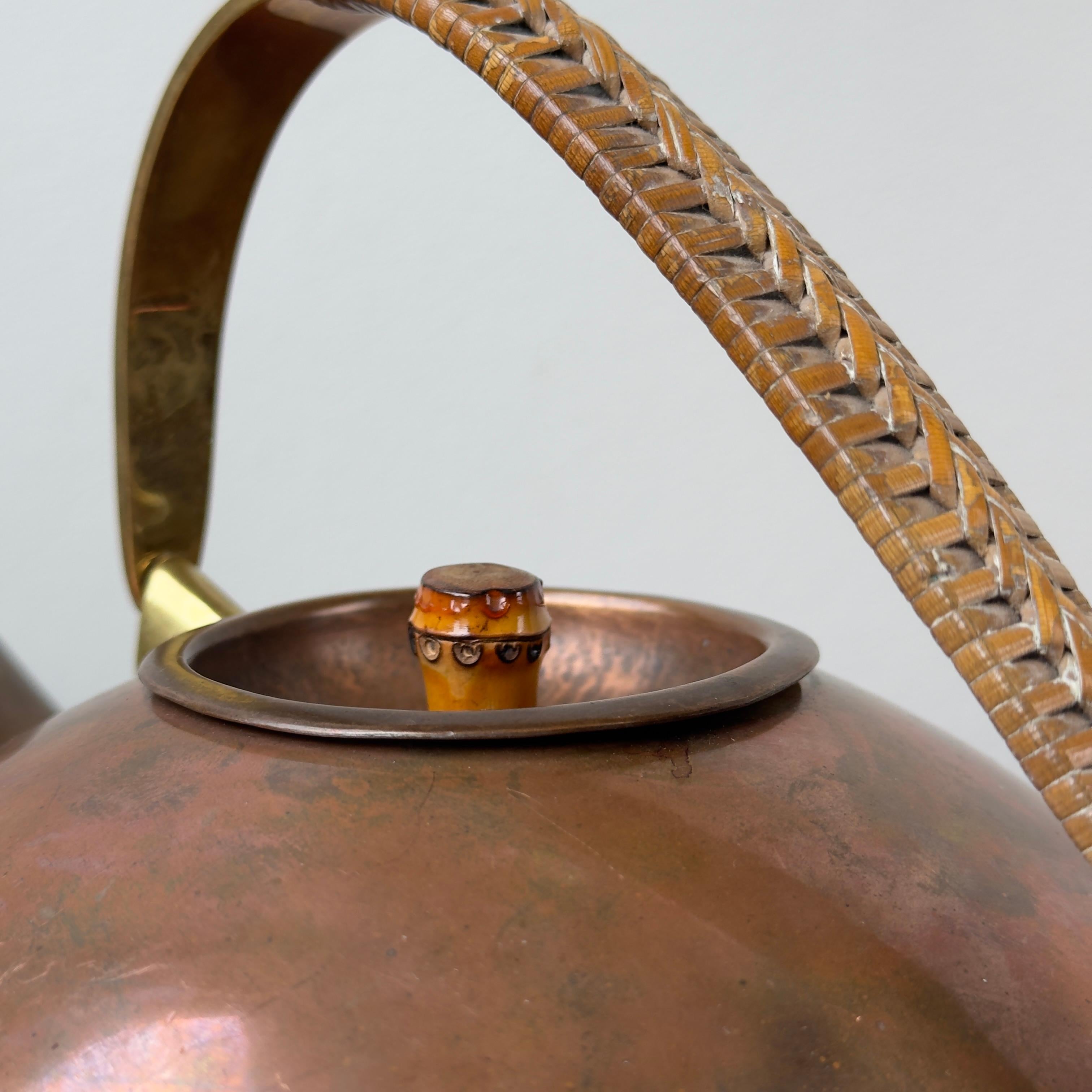 Copper, Brass & Wicker Teapot, Carl Auböck II, 1950s In Good Condition For Sale In London, GB