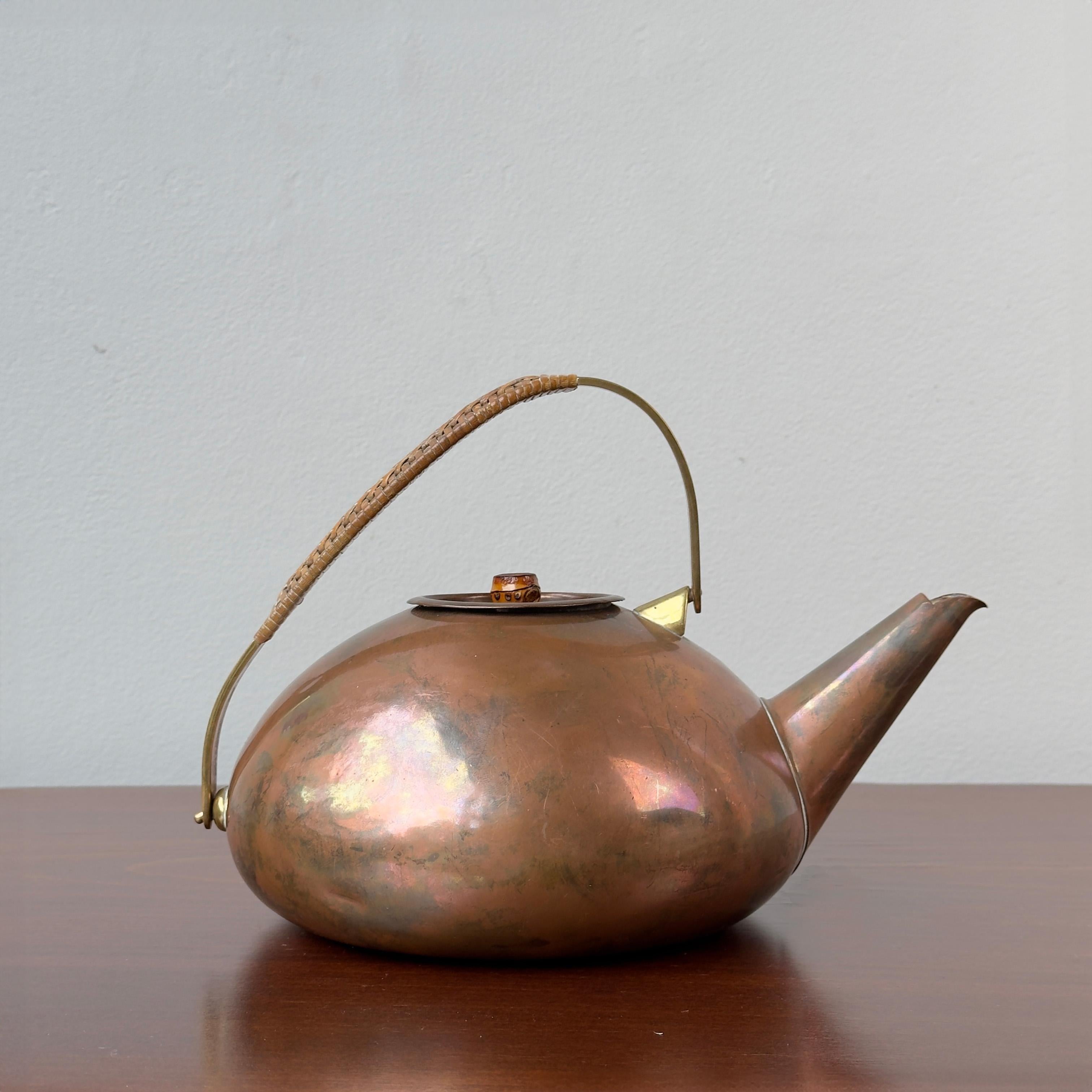 Copper, Brass & Wicker Teapot, Carl Auböck II, 1950s For Sale 1