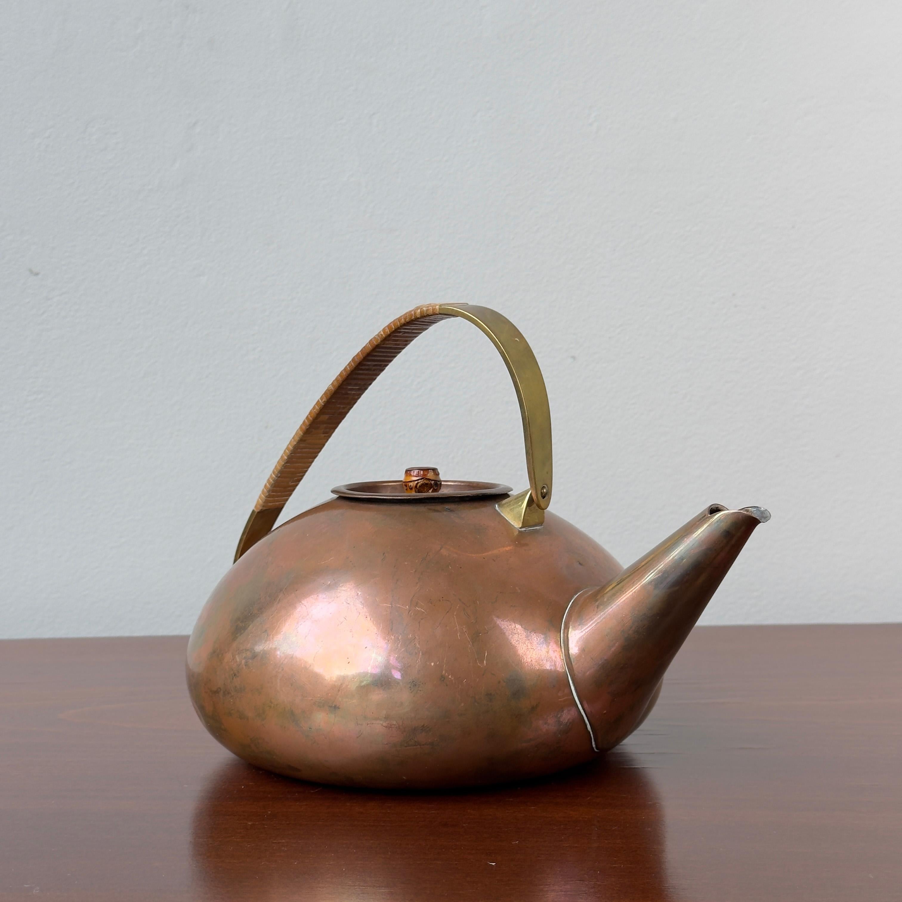 Copper, Brass & Wicker Teapot, Carl Auböck II, 1950s For Sale 3