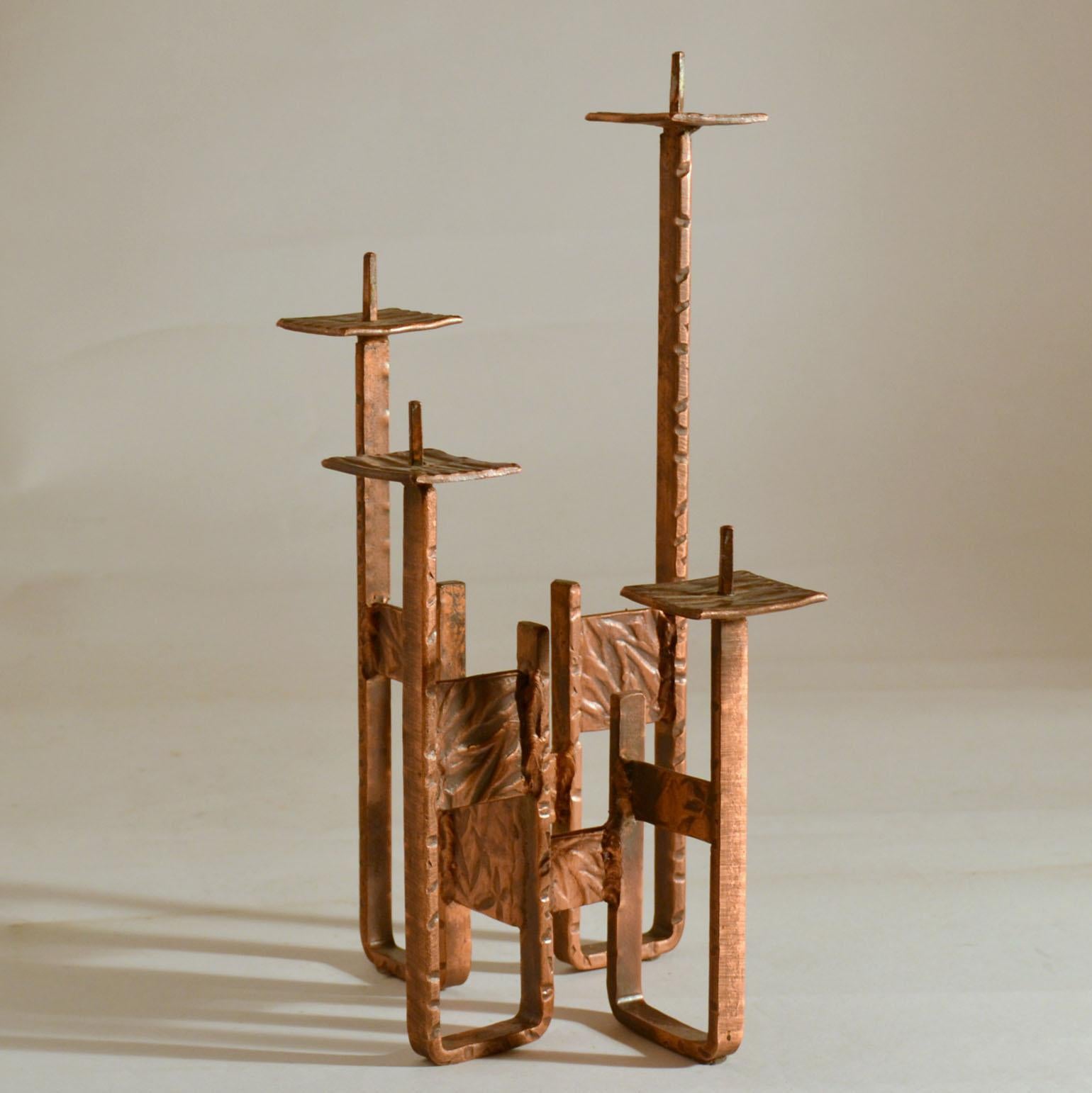 Hand-Crafted Copper Candelabra for Four Candles For Sale