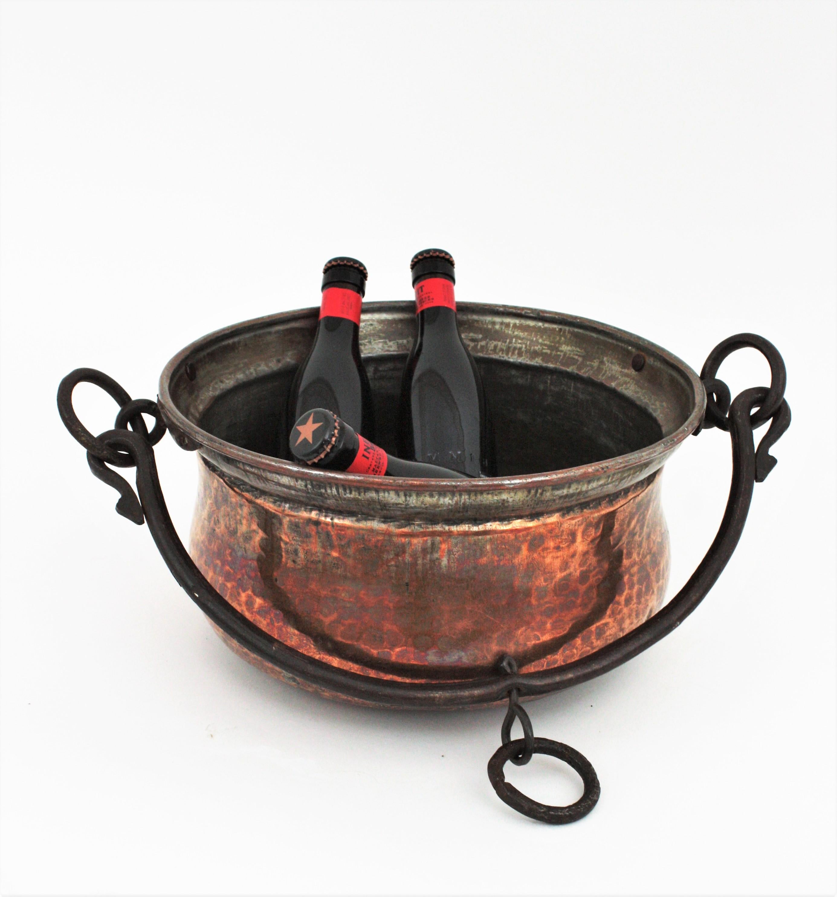 French Copper Cauldron Centerpiece Bowl / Wine Cooler / Planter For Sale
