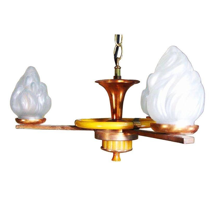 Art Déco Lampadario in rame con vetro smerigliato a torcia di Chase in vendita