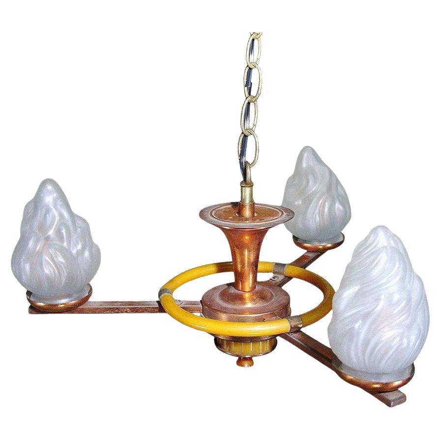 Lampadario in rame con vetro smerigliato a torcia di Chase in vendita