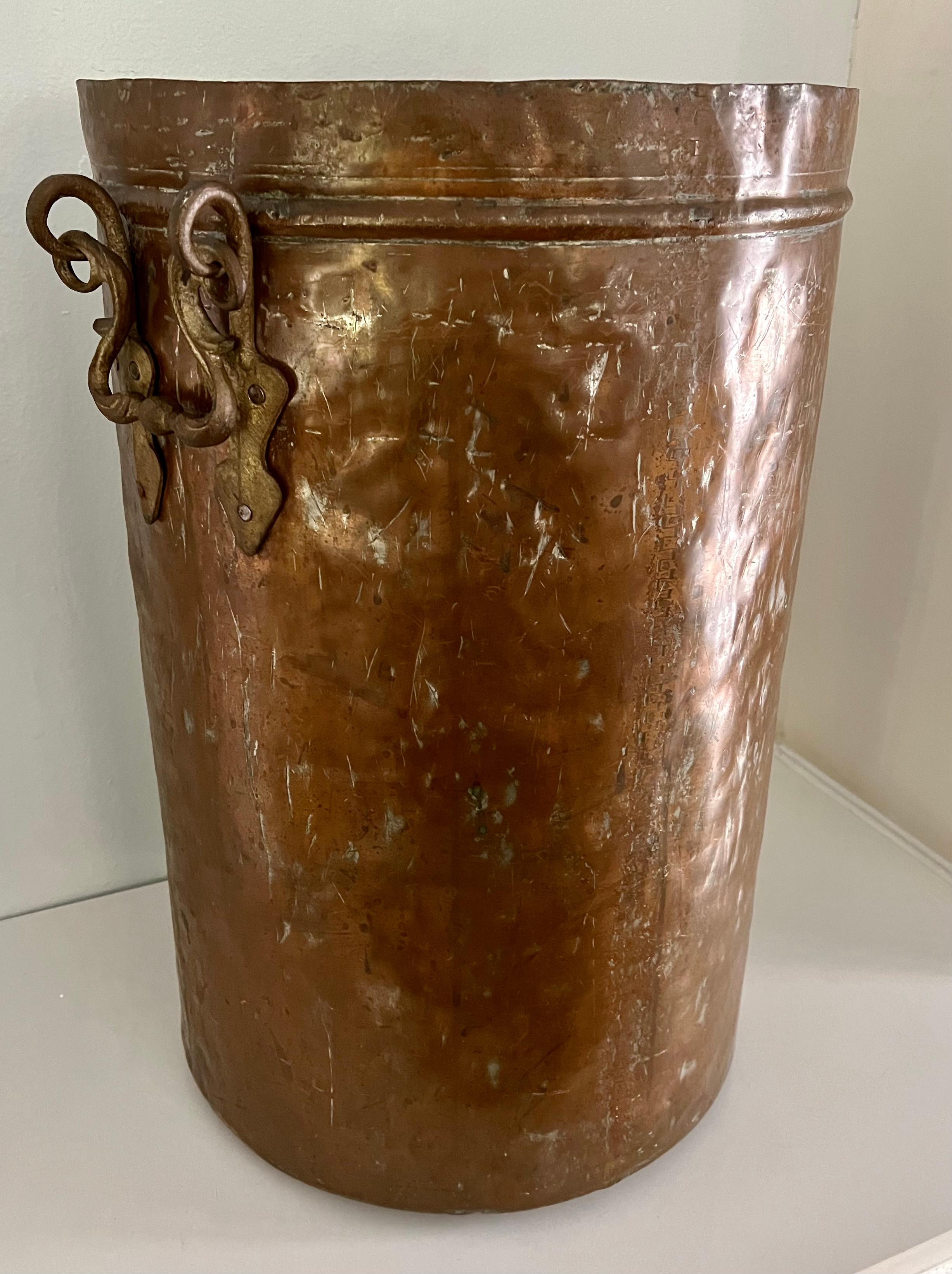 Hand-Crafted Copper Coal or Fire Bucket with Sturdy Wrought Handles For Sale