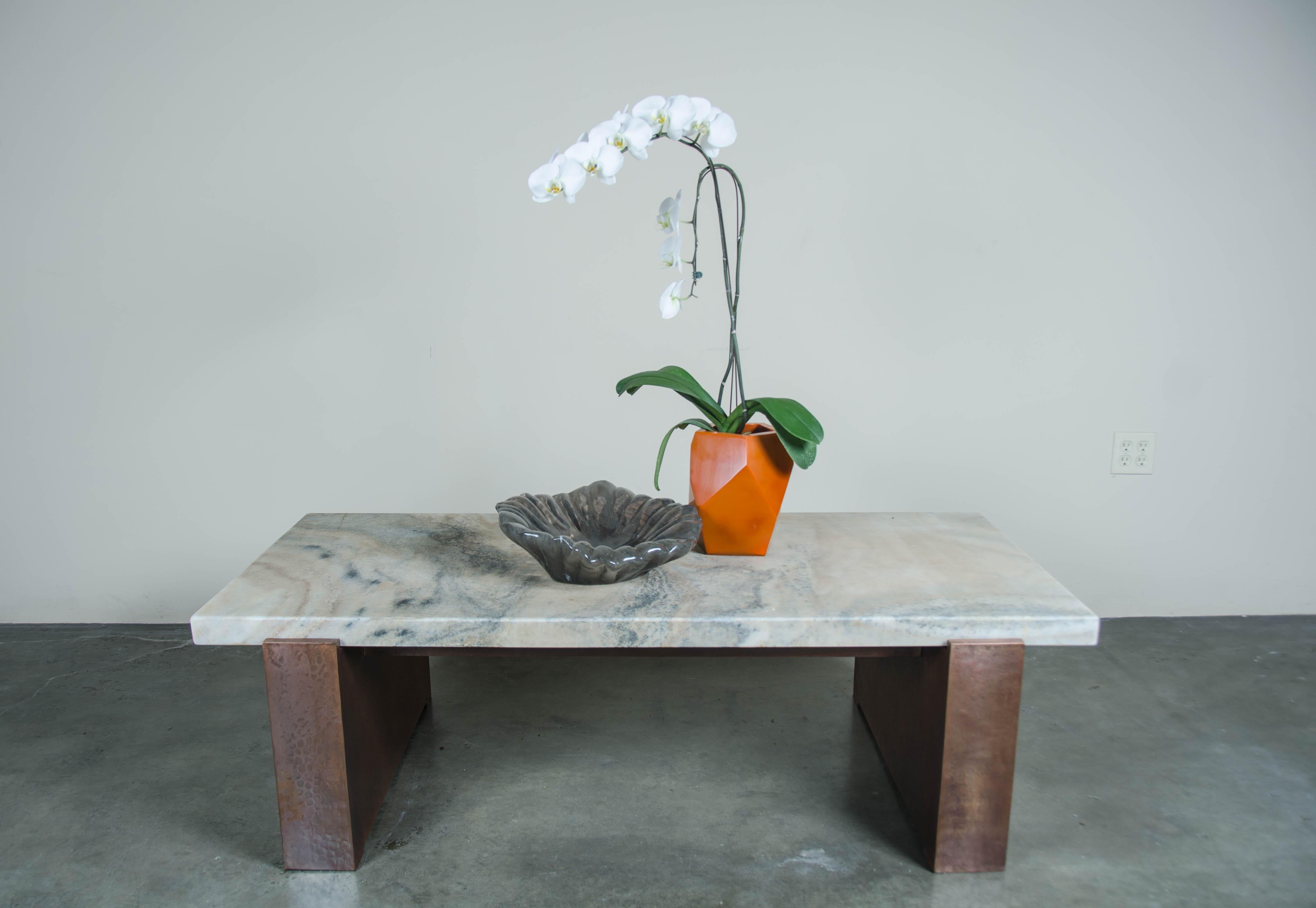 Contemporary Copper Cocktail Table with Stone Top by Robert Kuo, Hand Repoussé, Hand Carved