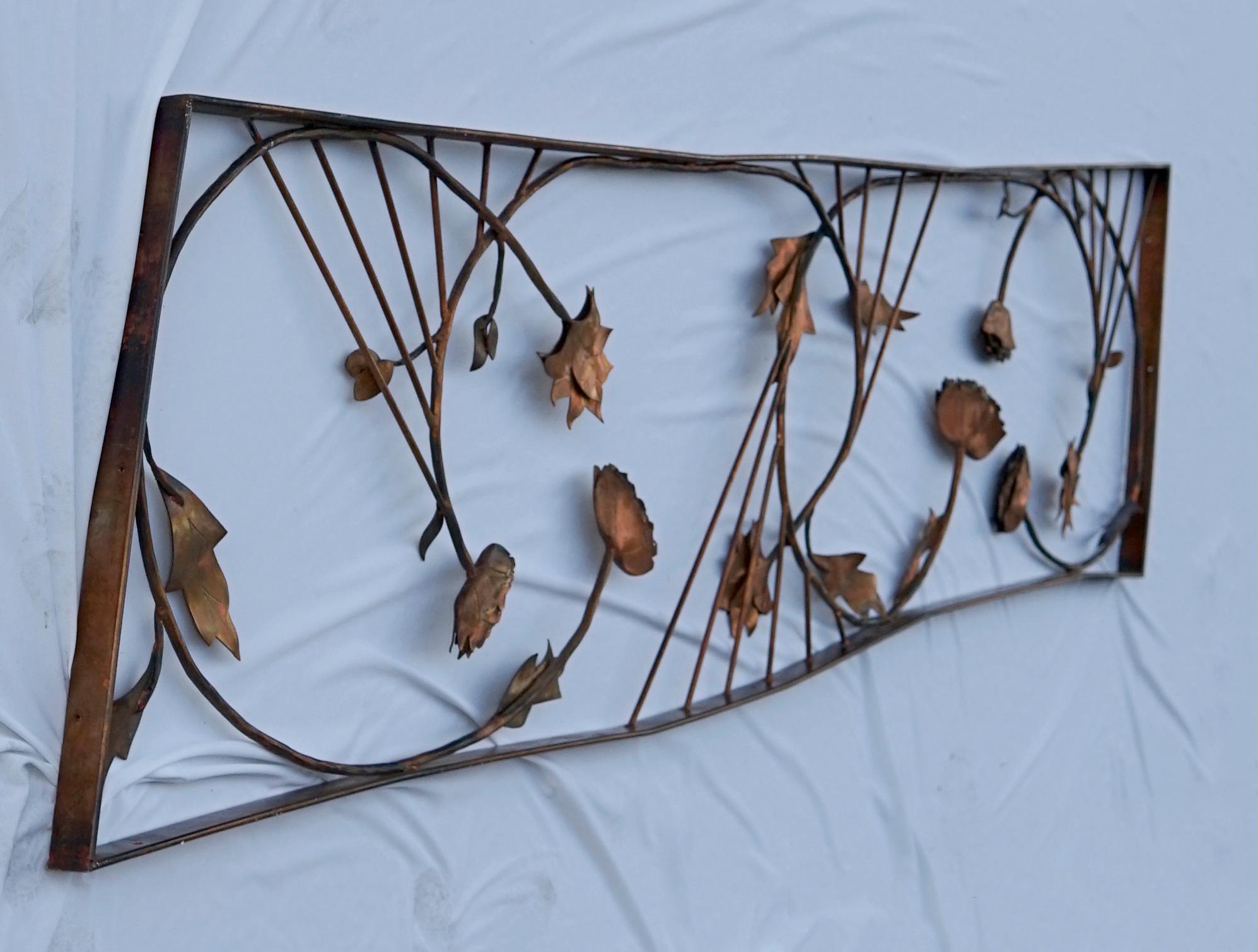 The gloves are off--the reserve has been removed on this one-of-a kind copper art piece.
Framed Copper hand-forged rectangular wall art can be mounted on a wall or suspended from the pre-drilled openings at the top of the copper frame. This is rare,