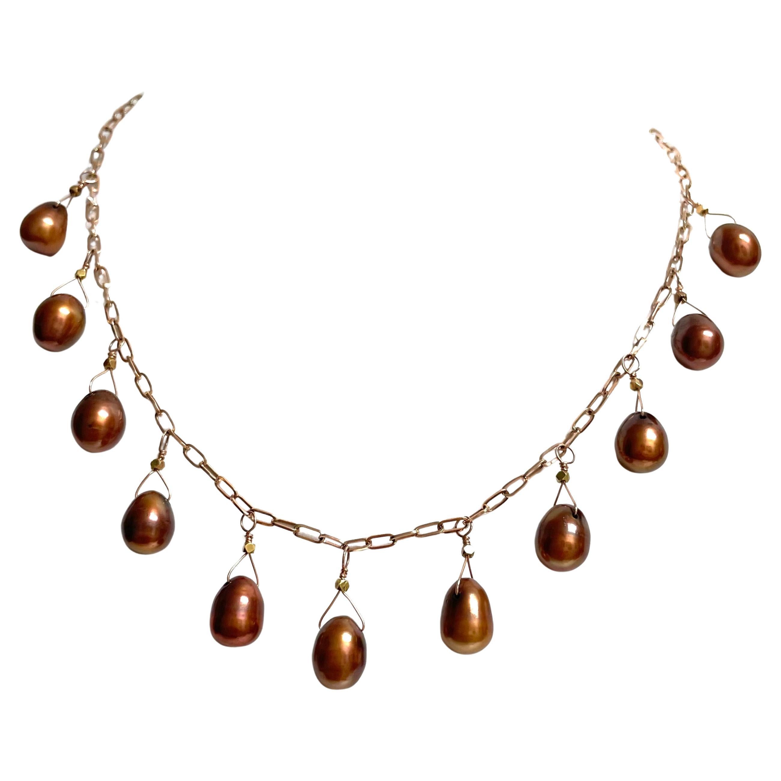 Copper Color Pearls and Rose Gold Chain Paradizia Necklace In New Condition For Sale In Laguna Beach, CA