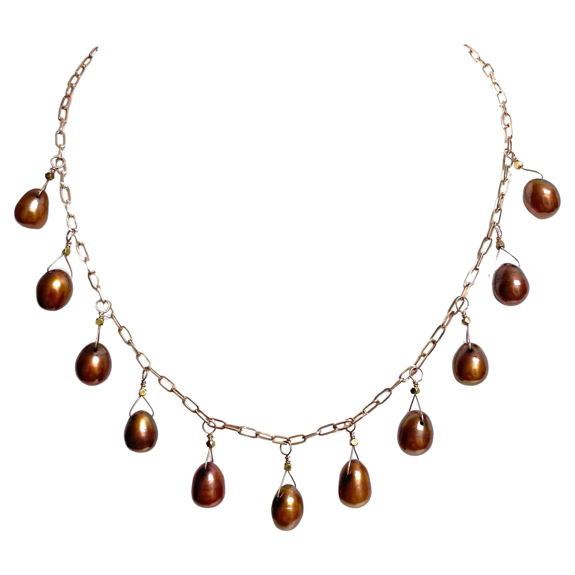 Copper Color Pearls and Rose Gold Chain Paradizia Necklace For Sale