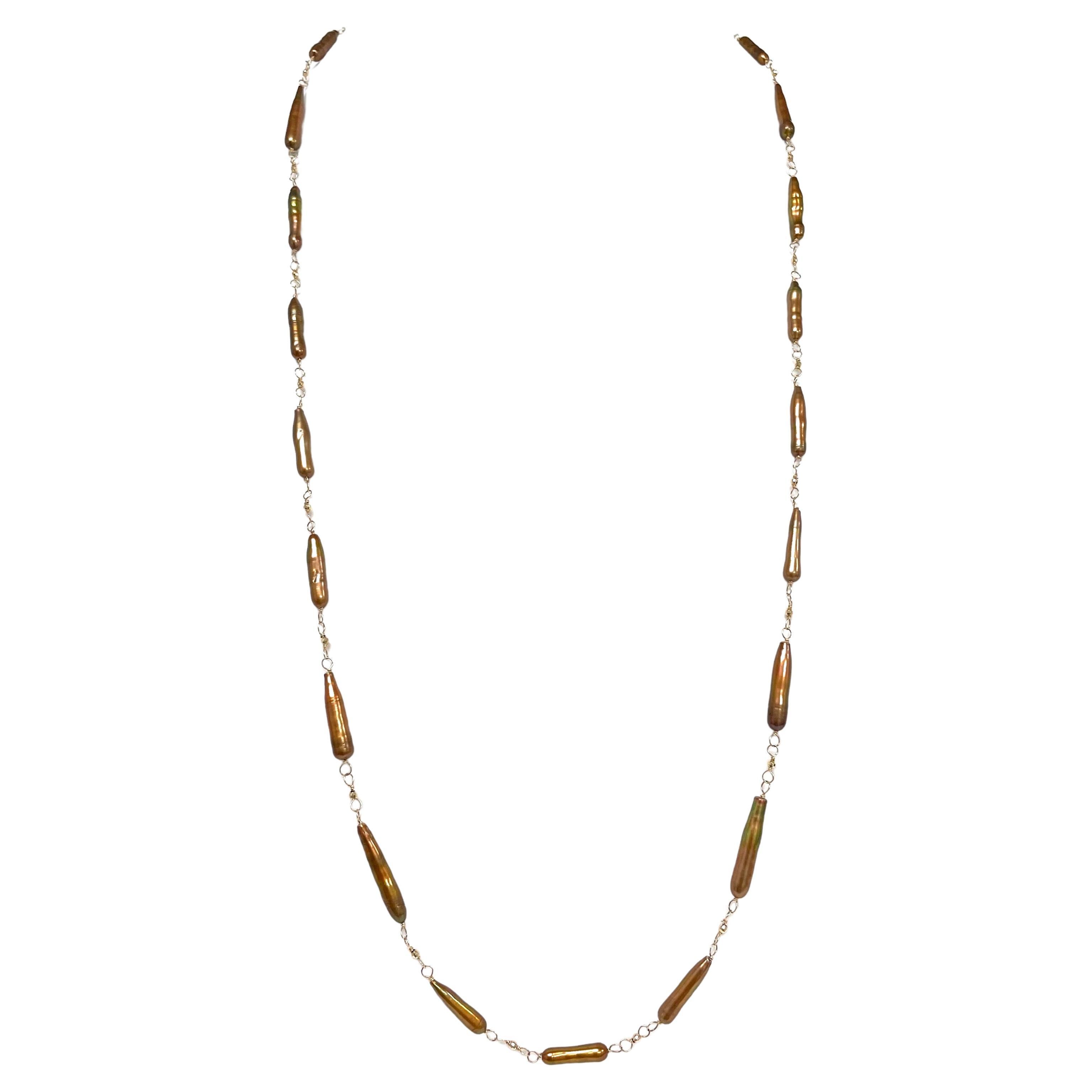 Artisan Copper Color Rare Stick Pearl Necklace  For Sale