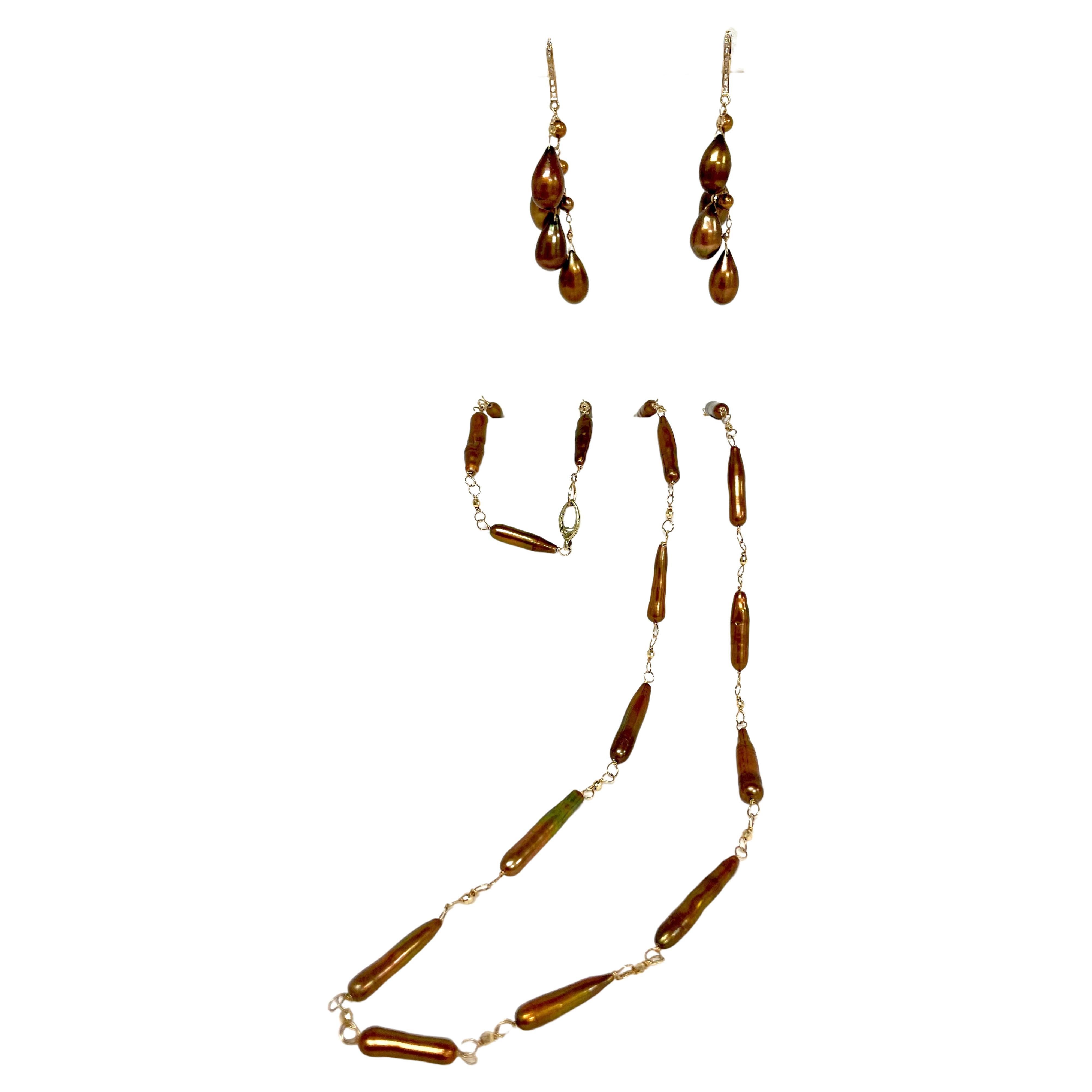 Bead Copper Color Rare Stick Pearl Necklace  For Sale