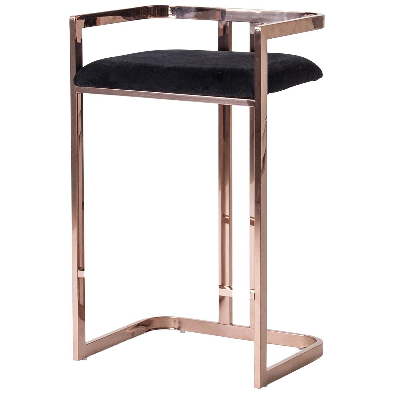 Copper Colored Metal And Black Velvet Seat Bar Stool / Counter Stool