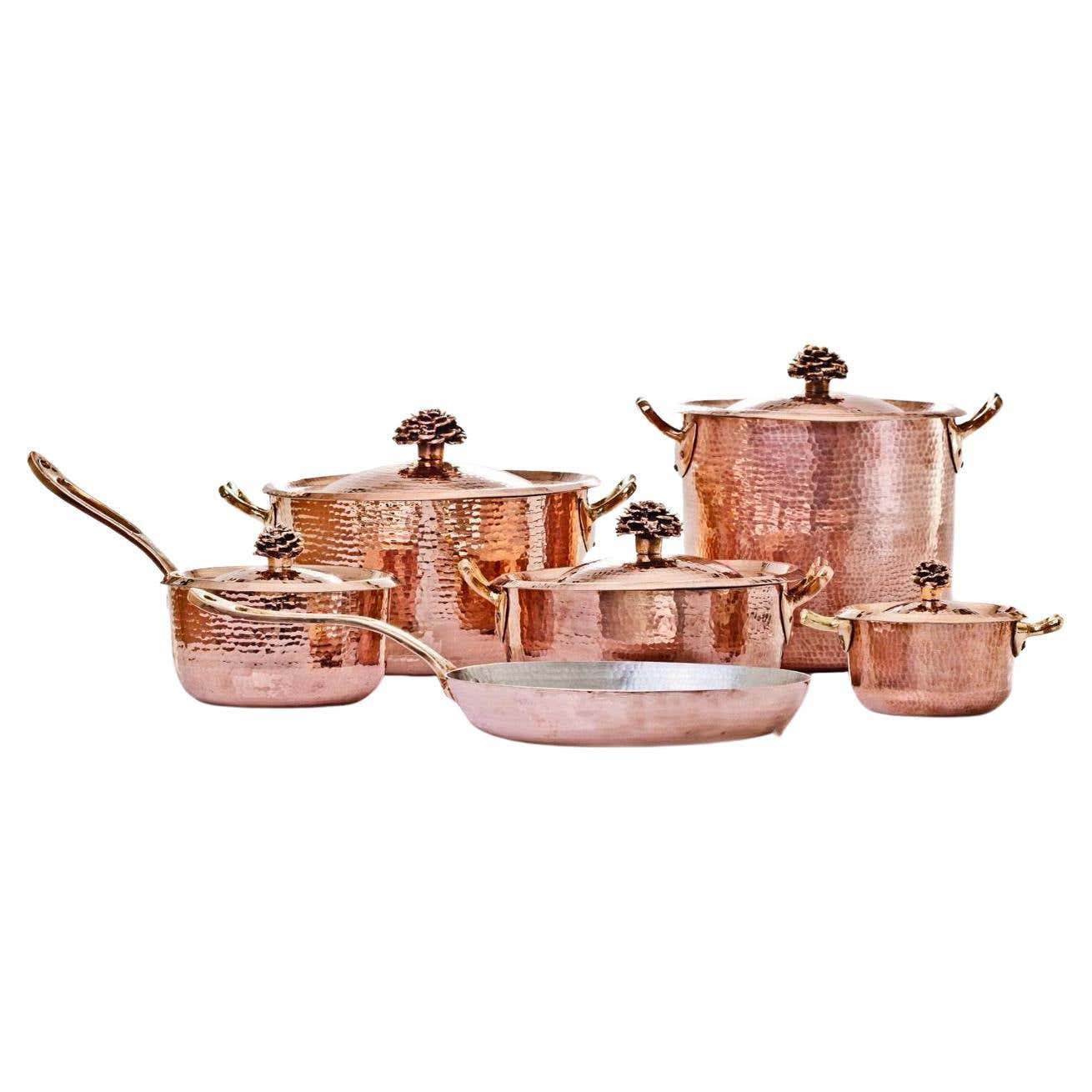 Copper Cookware Set of 11 with Flower Lid For Sale at 1stDibs