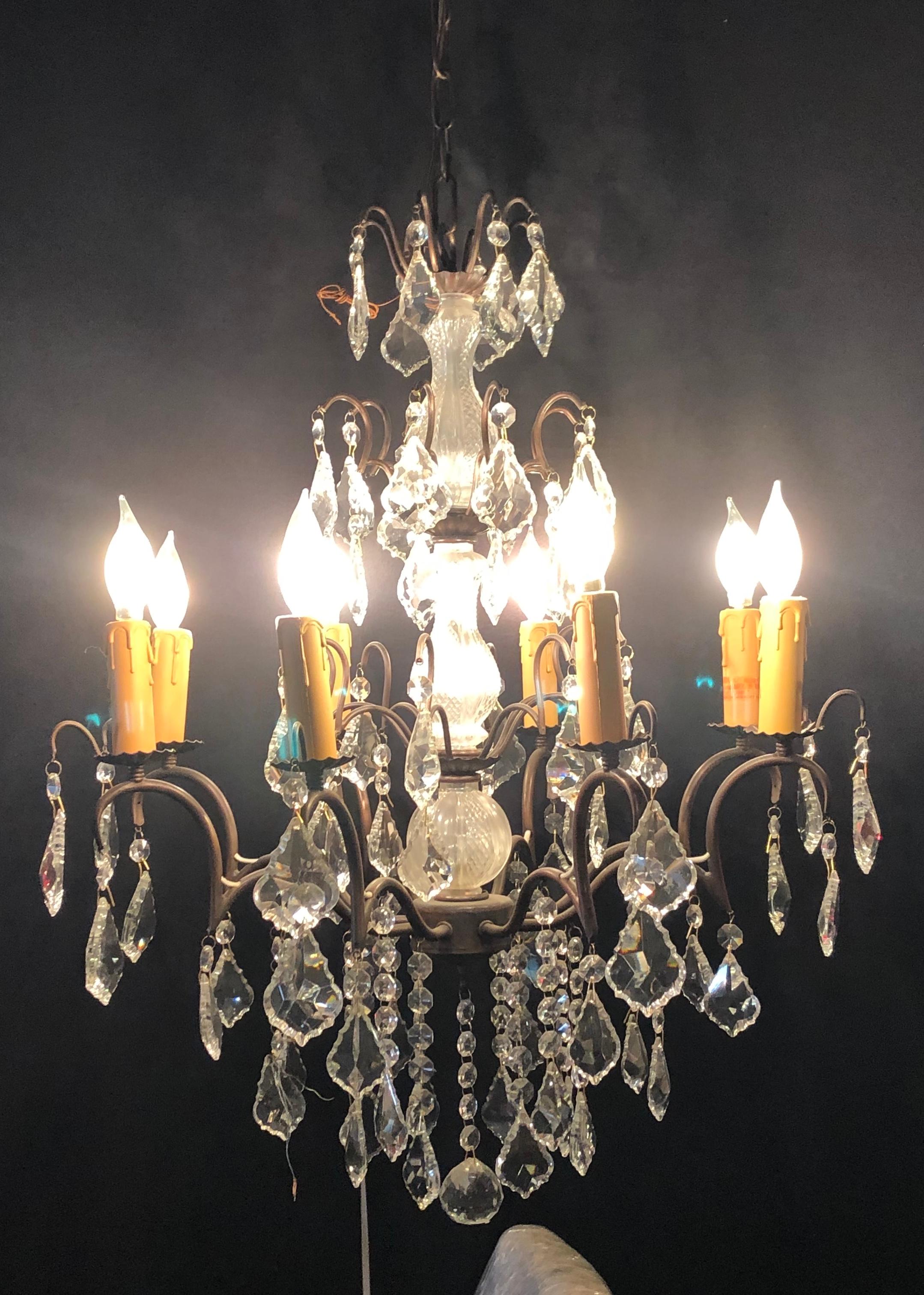 Neoclassical Copper Designed Metal and Crystal Chandelier with Centre Cut Glass Column For Sale
