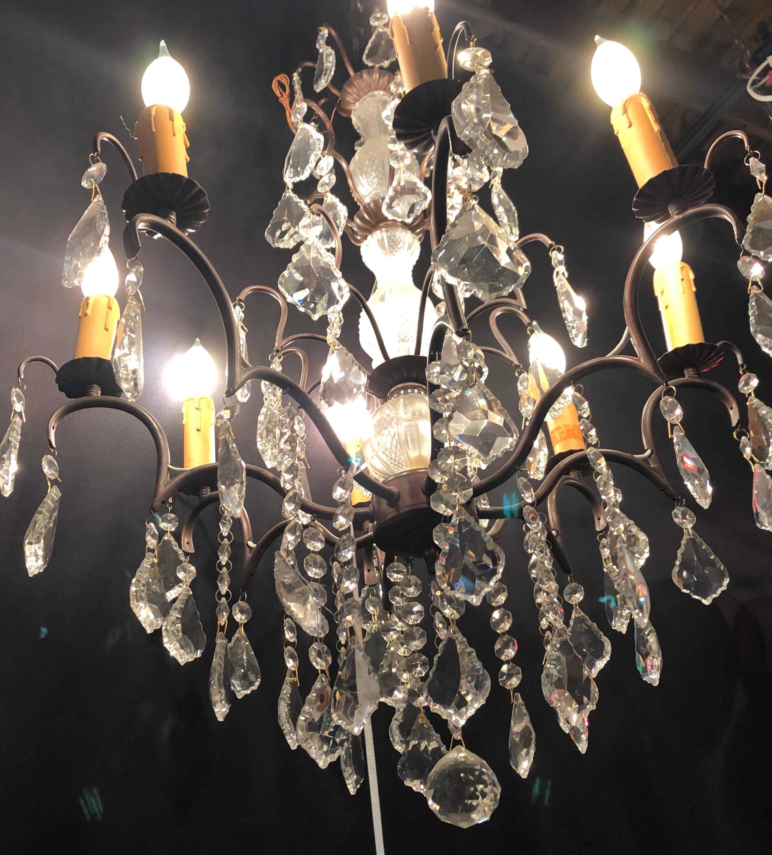 20th Century Copper Designed Metal and Crystal Chandelier with Centre Cut Glass Column For Sale