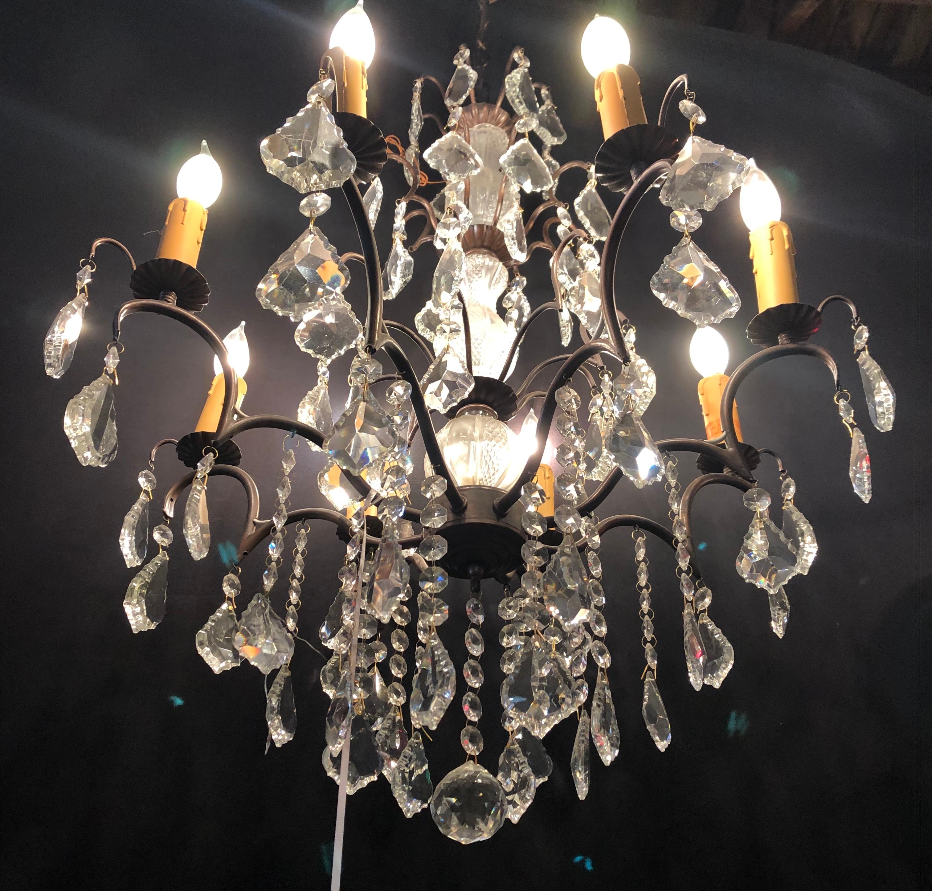 Copper Designed Metal and Crystal Chandelier with Centre Cut Glass Column For Sale 1