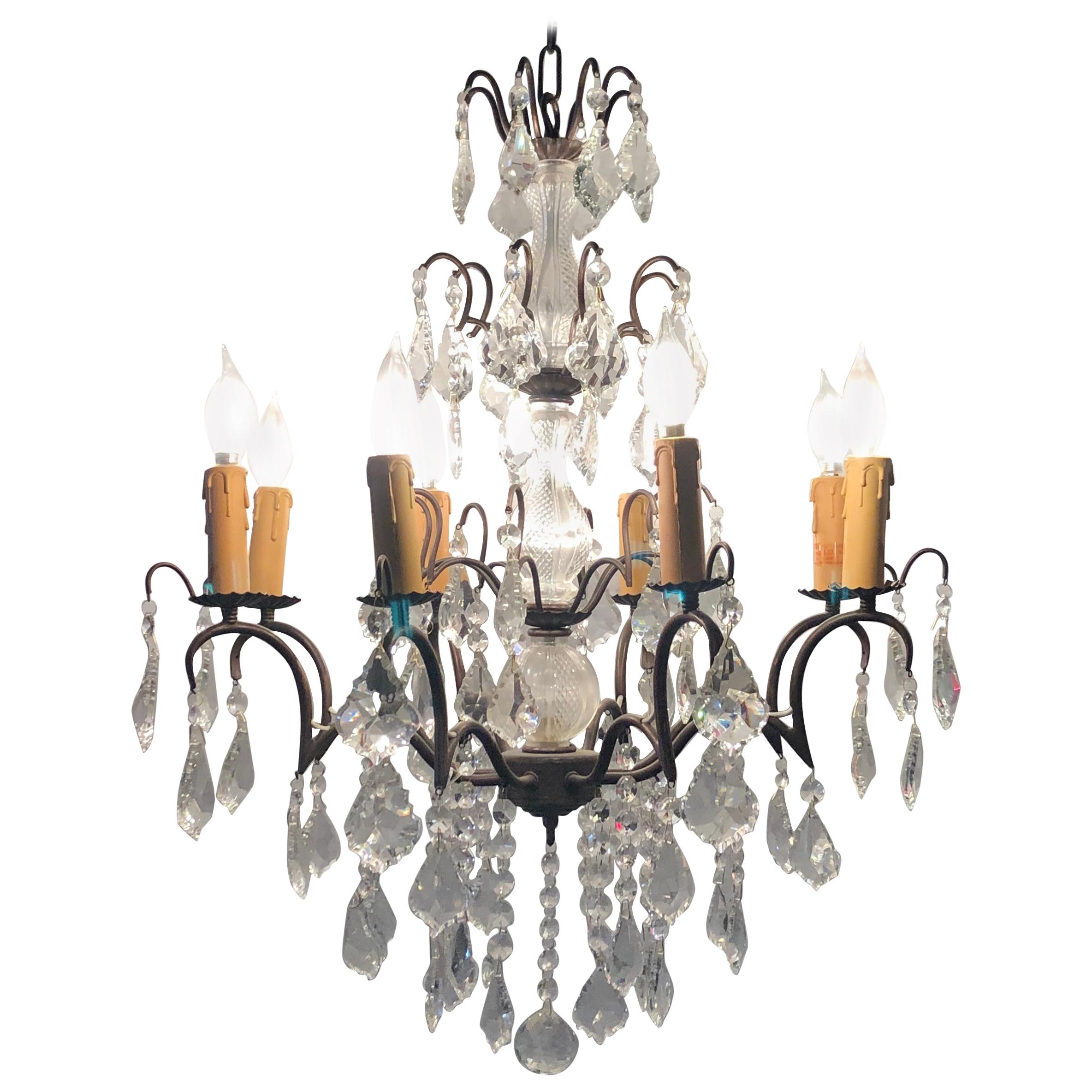 Copper Designed Metal and Crystal Chandelier with Centre Cut Glass Column For Sale