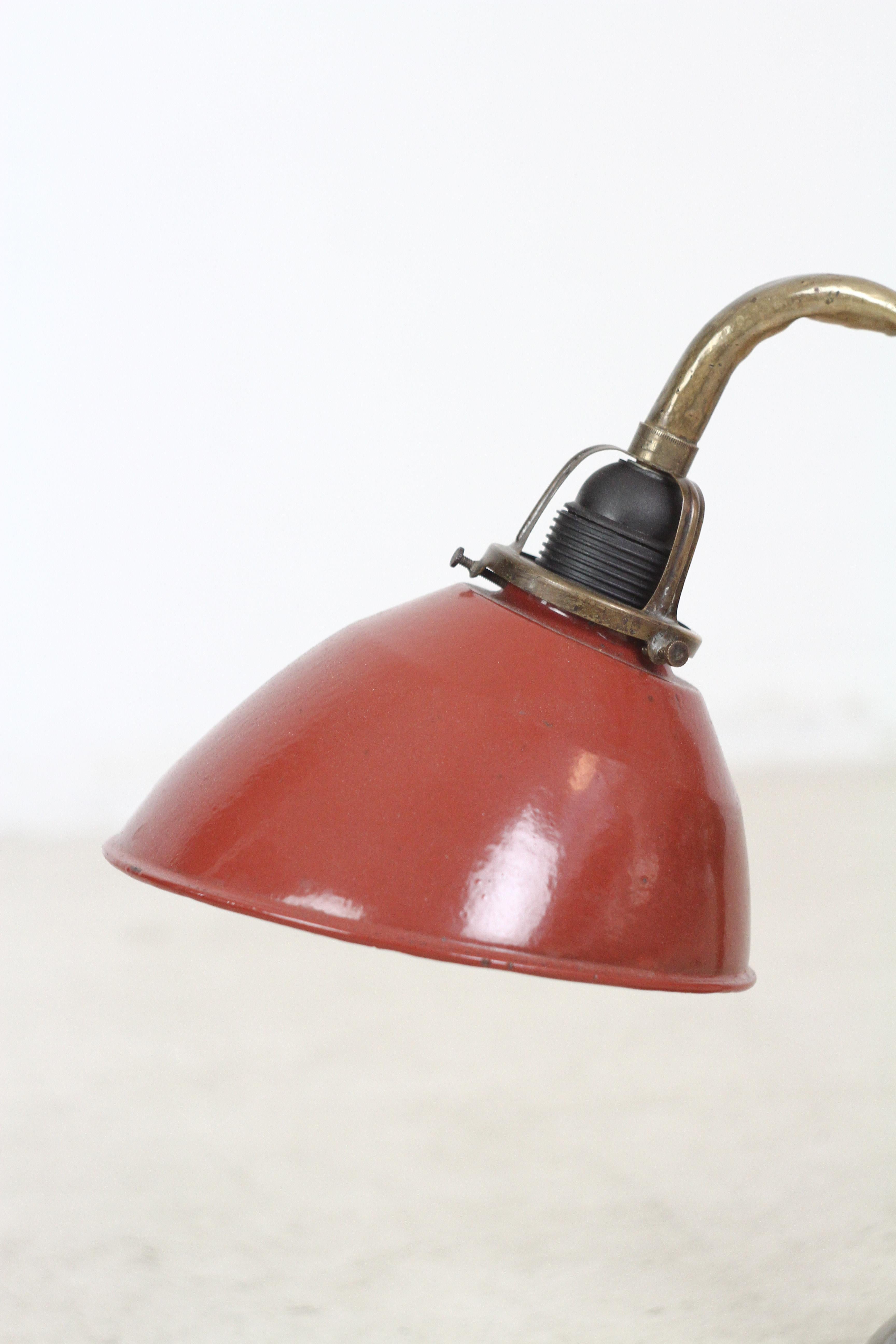 Art Deco Copper Desk Lamp with Burgundy Enameled Shade, 1920s For Sale