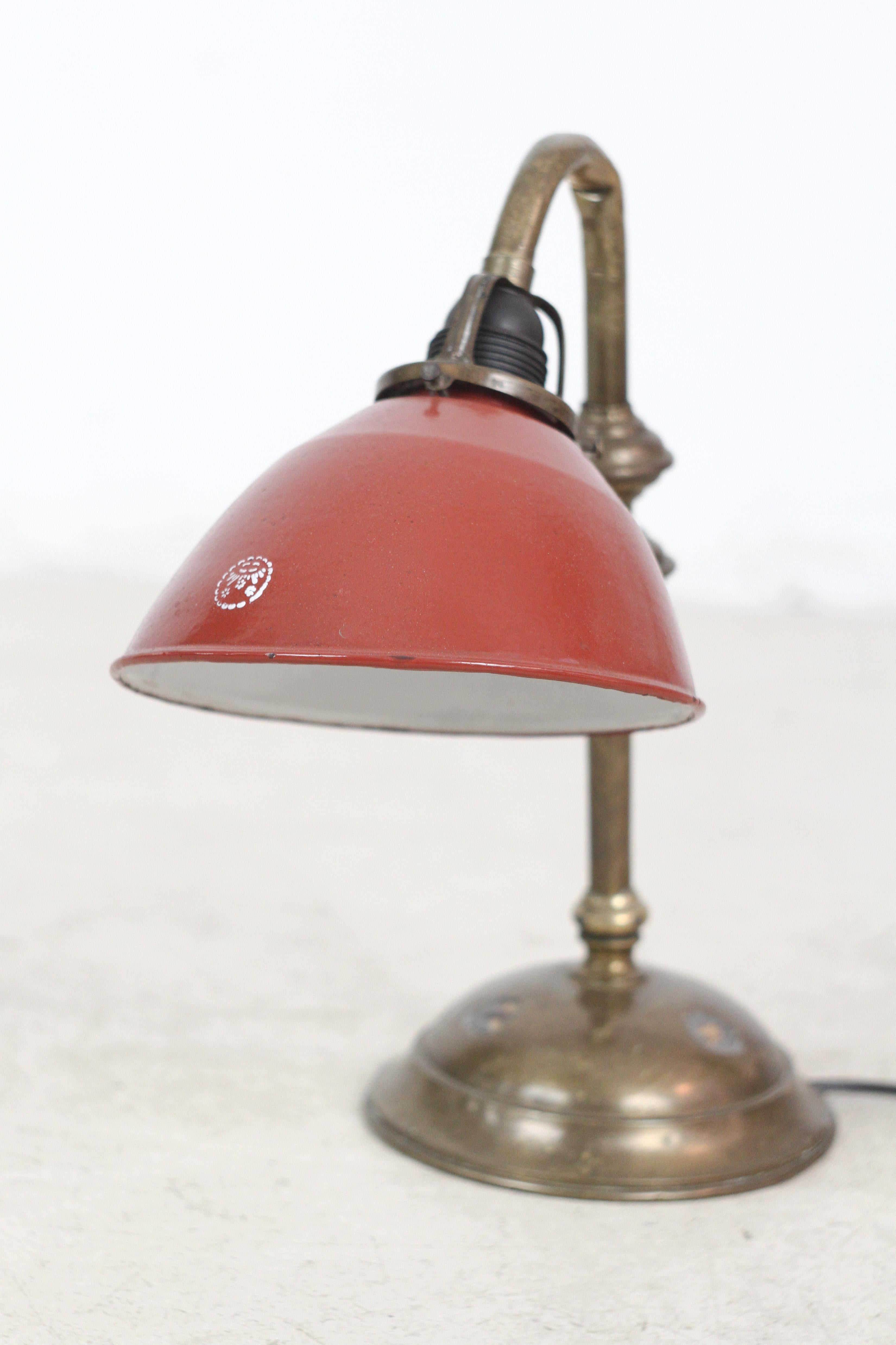 20th Century Copper Desk Lamp with Burgundy Enameled Shade, 1920s For Sale