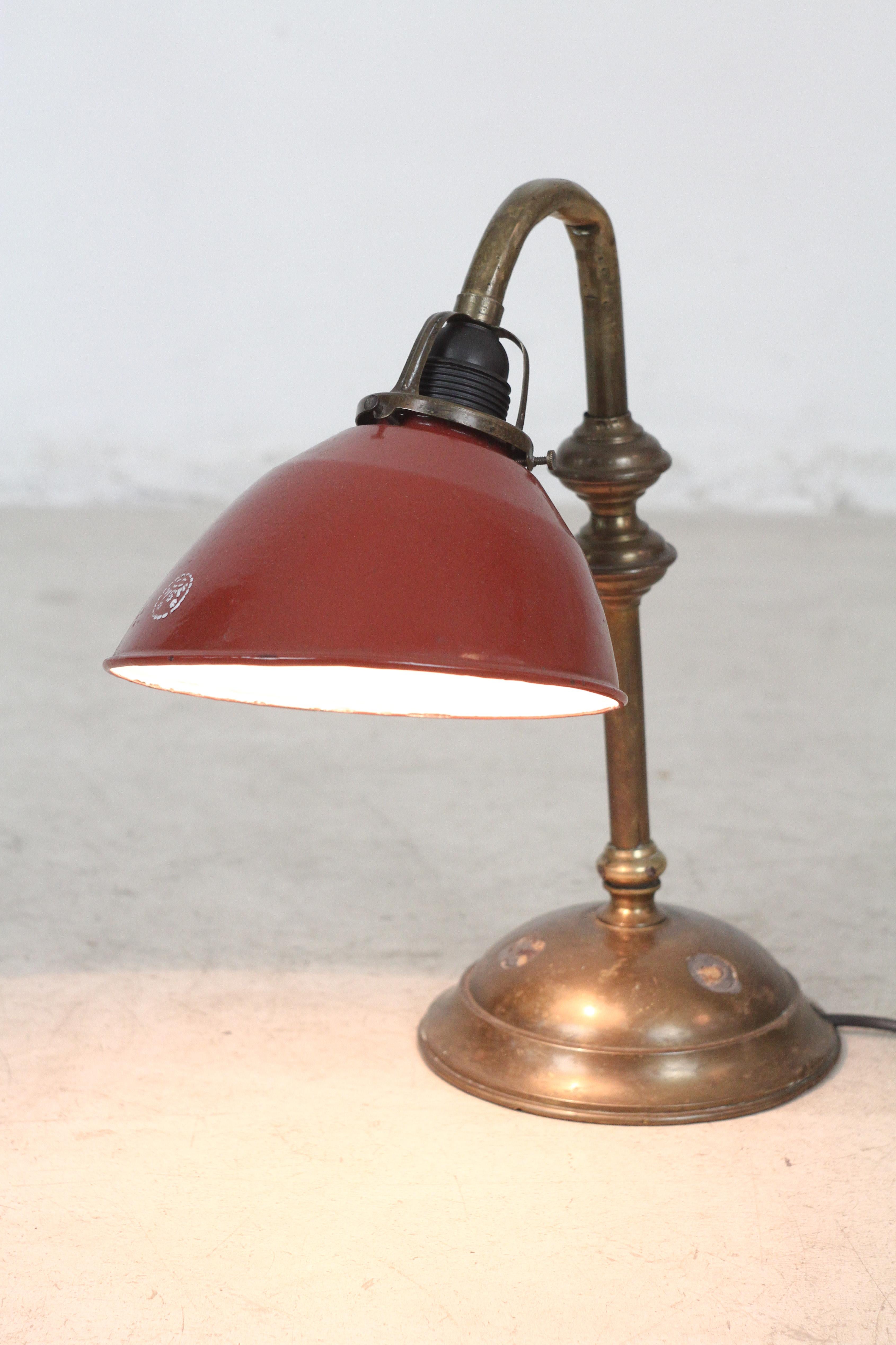 Brass Copper Desk Lamp with Burgundy Enameled Shade, 1920s For Sale