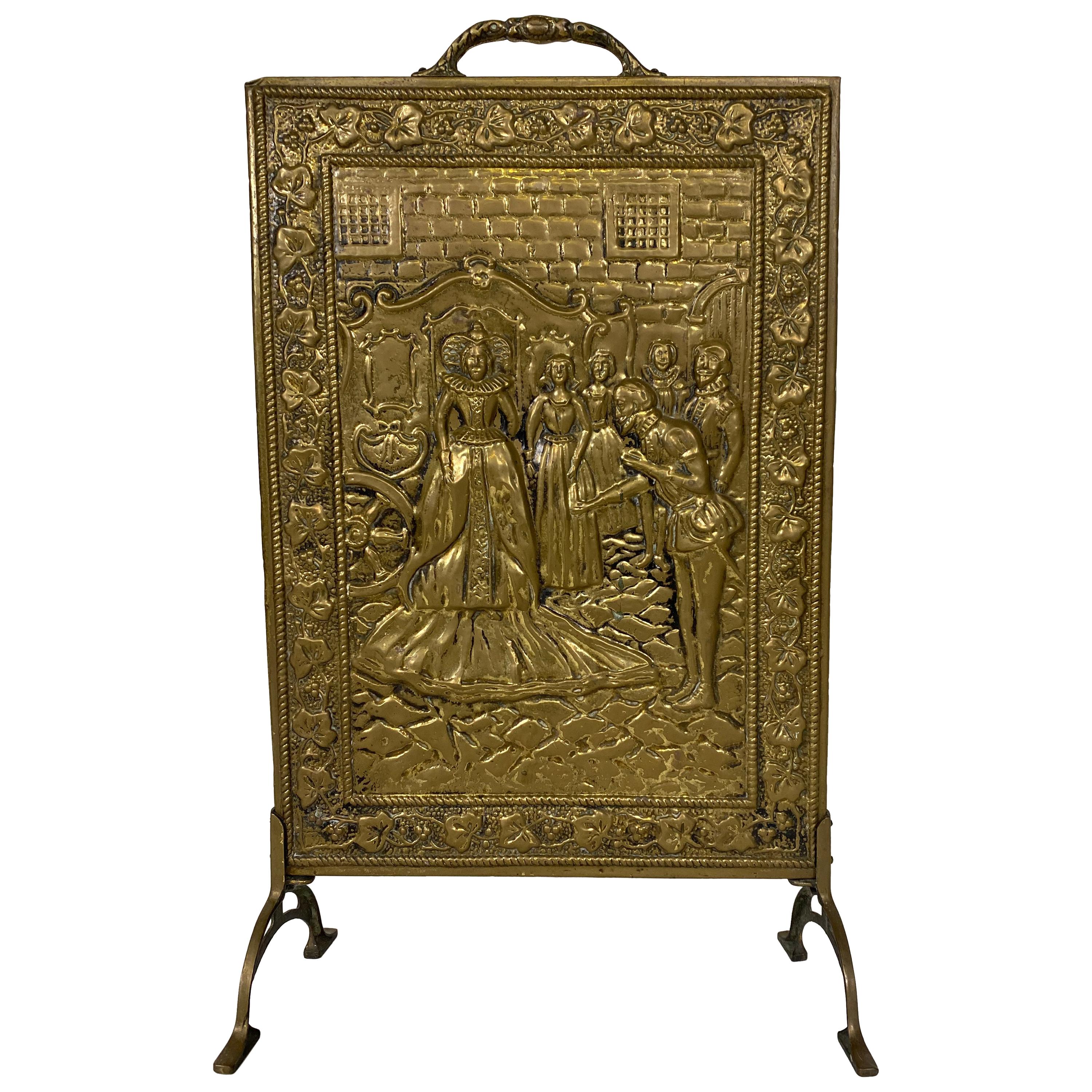 Copper Embossed Fireplace Screen Fire Screen, 1920's