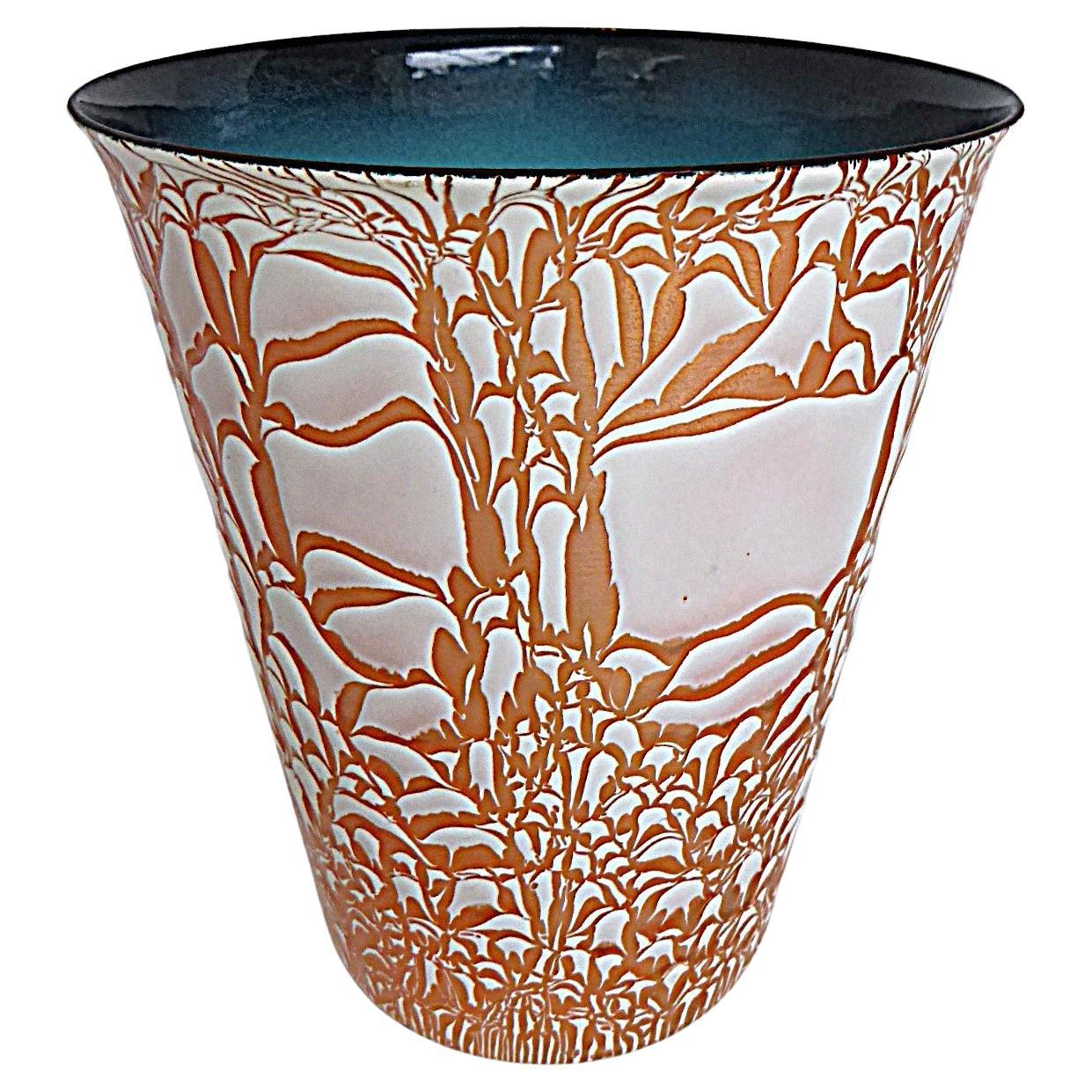 Recipiente grande de cobre esmaltado Mid Century Modern Vessel Abstract Design Harold Tshler 50s