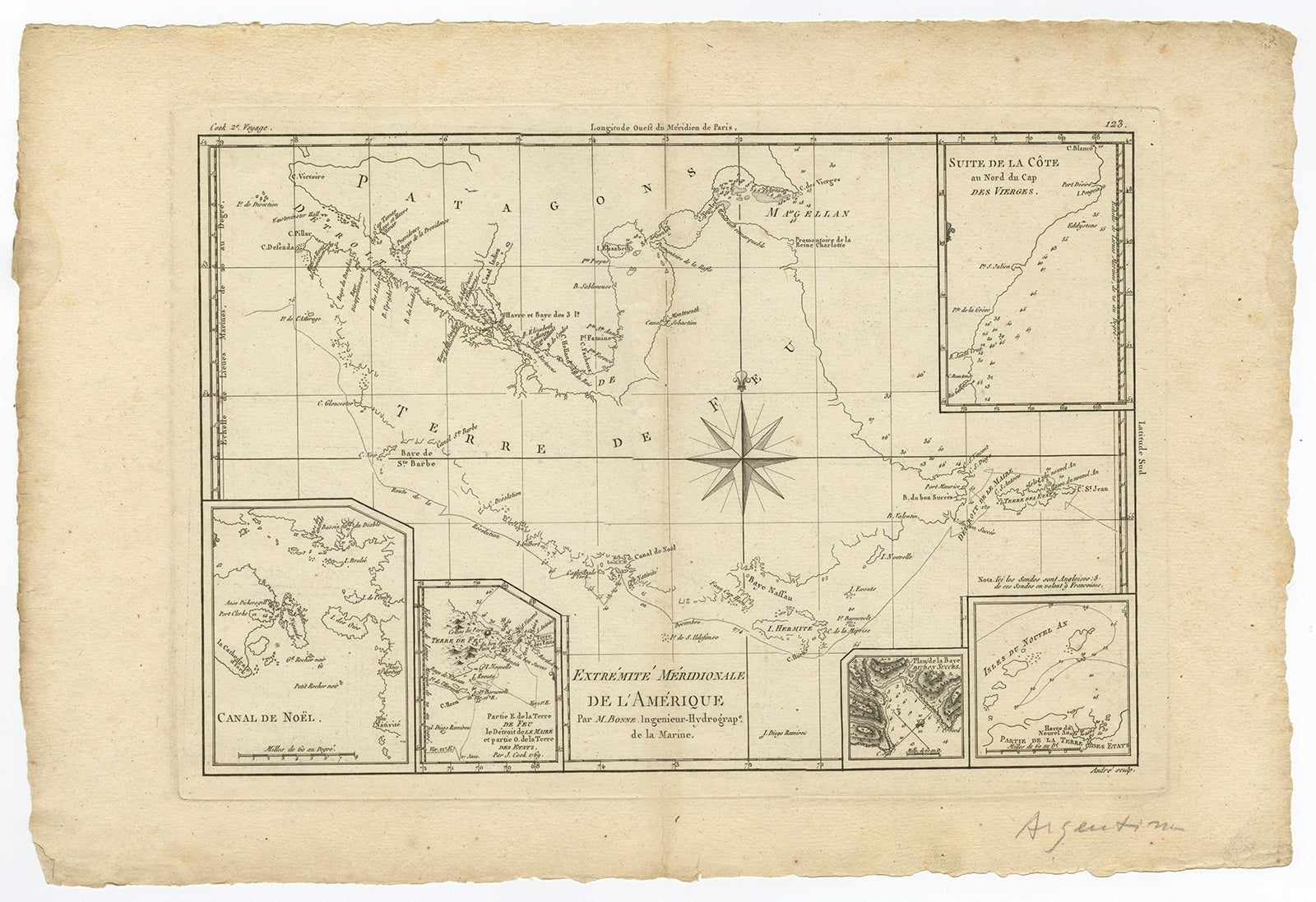 Antike Karte mit dem Titel 'Extremite Meridionale de l'Amerique' 

Kupferstichkarte von Feuerland und der Magellanstraße mit fünf detaillierten Kartenausschnitten der Region mit Peilungen, Ankerplätzen usw. Gestochen von Andre. Diese Karte stammt