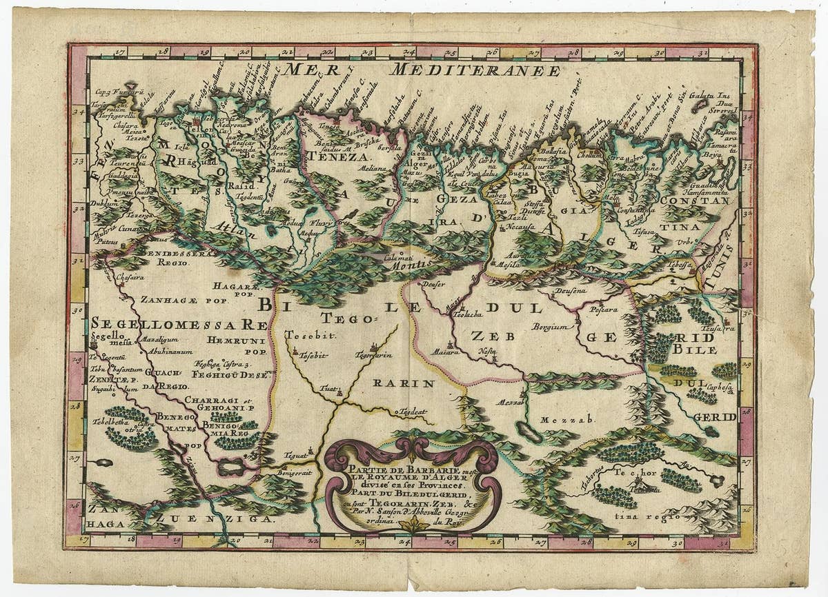 Copper-Engraved Map Showing the Algerian Coast of North Africa, Published 1683