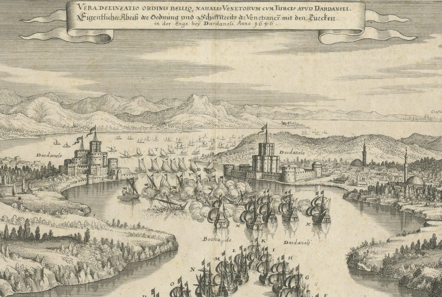 Gravé Gravure en cuivre de Merian de la flotte de bataille au large de Constantinople, 1646 en vente