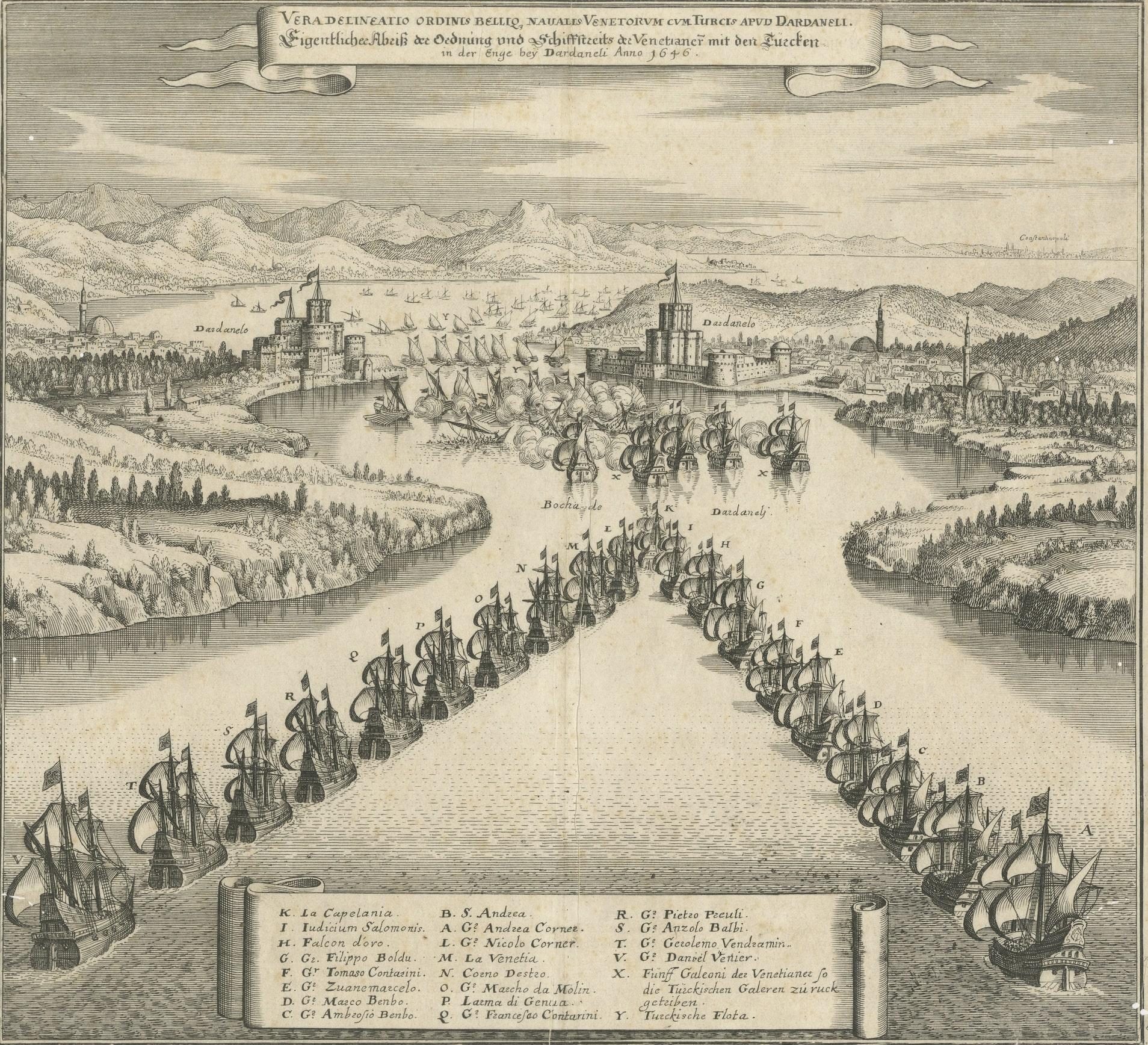Grabado en cobre de Merian de La flota de combate frente a Constantinopla, 1646 Papel en venta