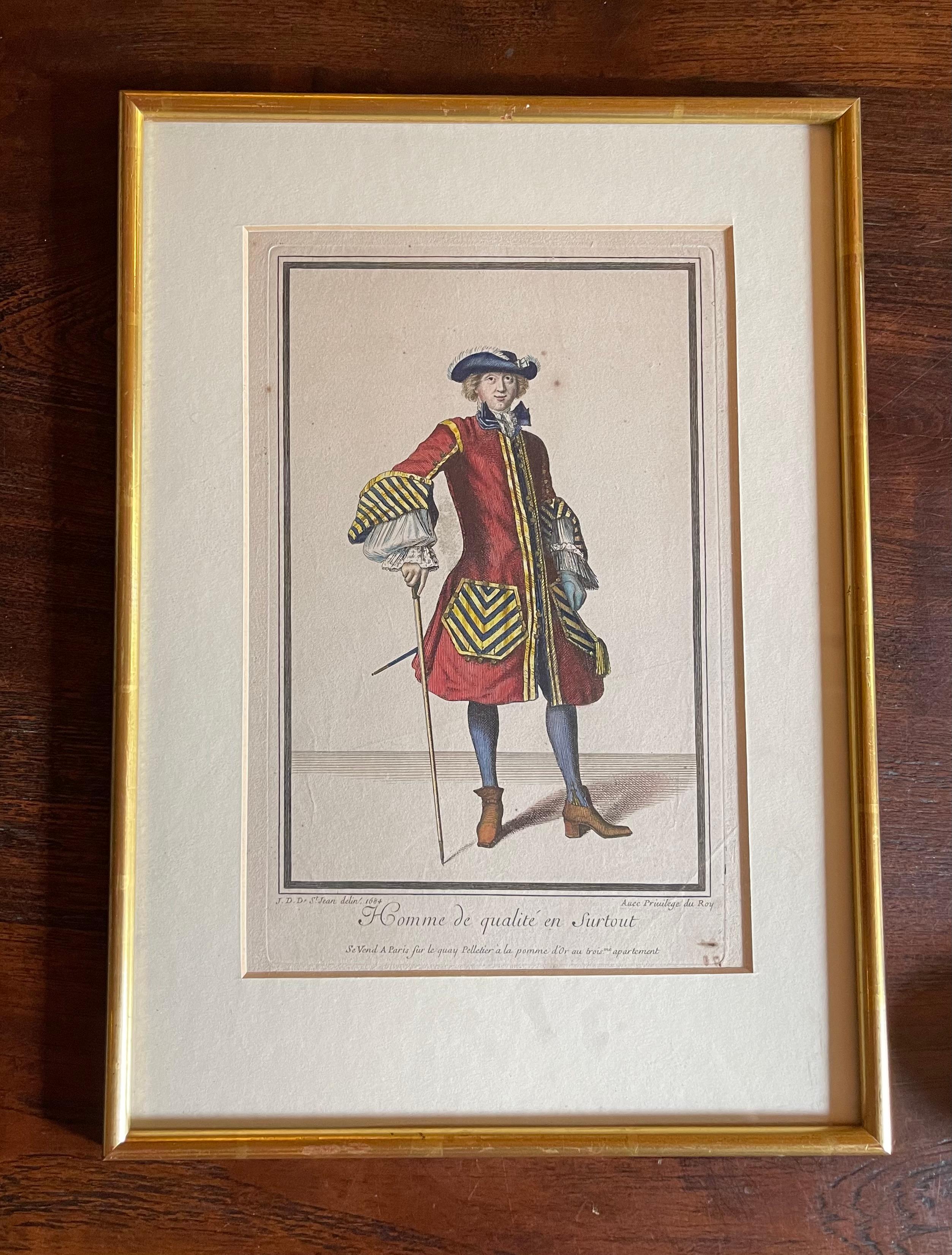 Beautiful engraving of Jean Dieu de Saint-Jean with title 'Homme de qualité en Surtout'
(translated in English: Man of of a particular quality). This original copper engraving is hand colored and framed.

High quality testimony of the fashion
