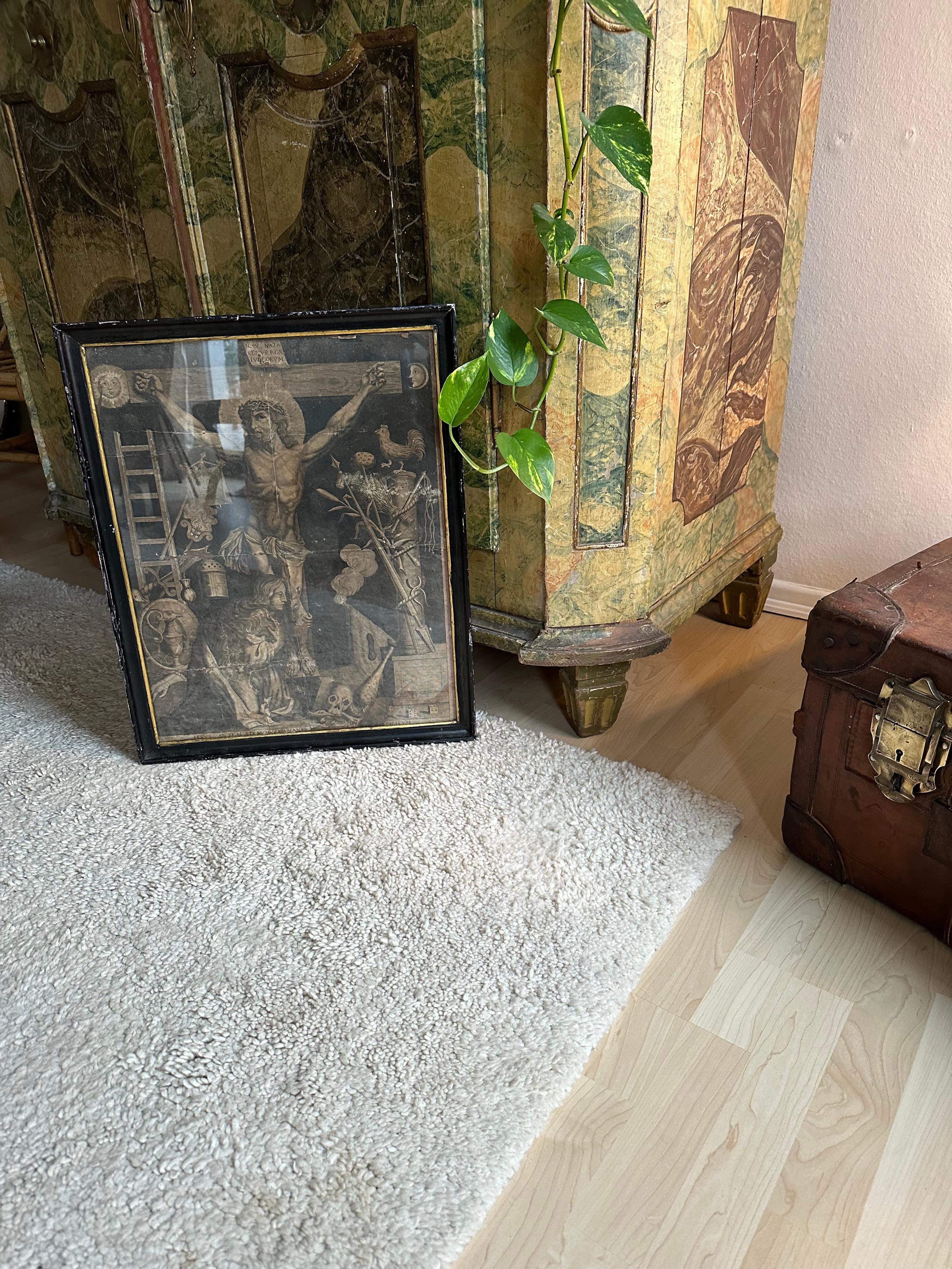 Copper Engraving: Jesus at the Cross with Vanitas Symbols and Passion Implement For Sale 9