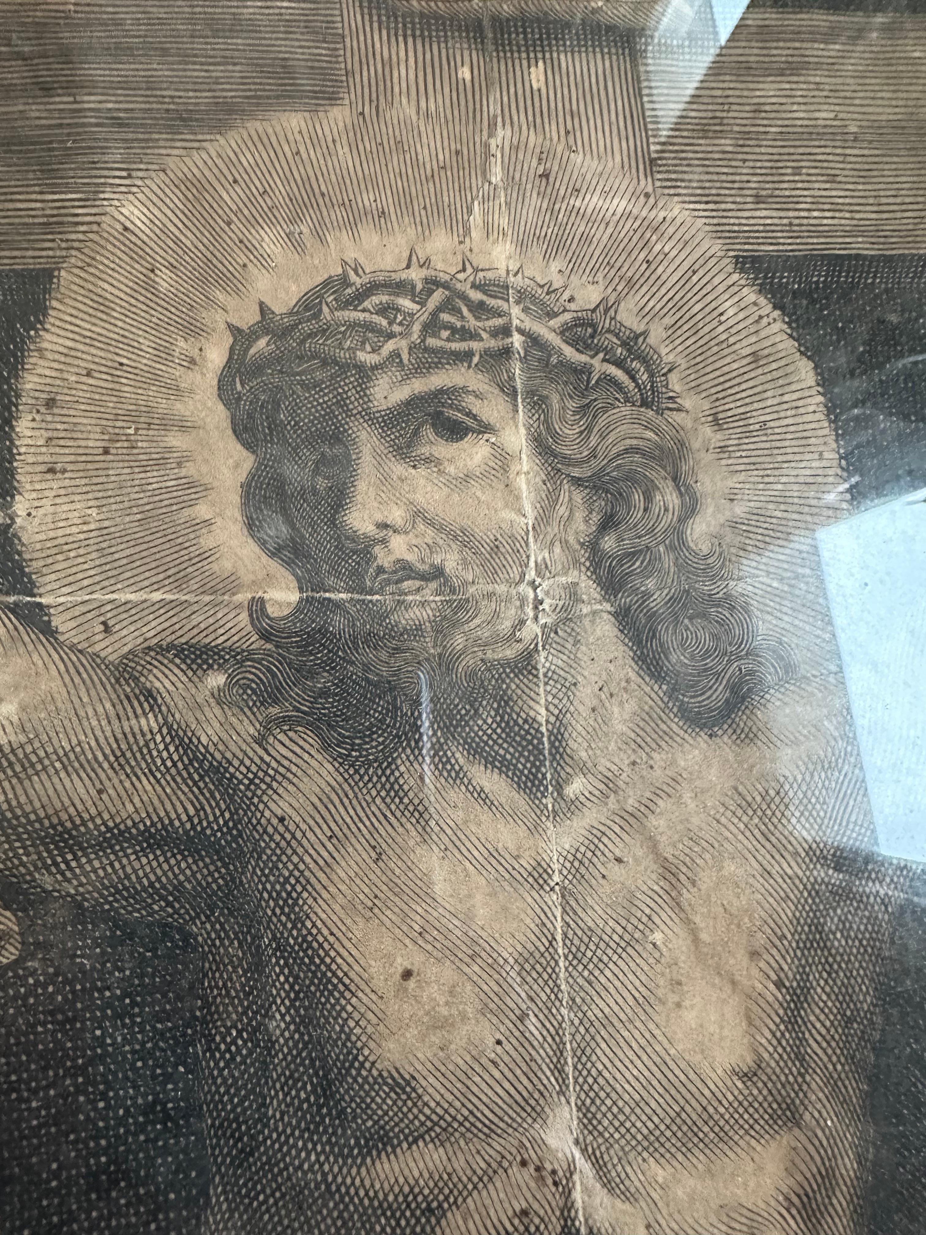 Kupferstich: Jesus am Kreuz mit Vanitas-Symbolen und Passionsarbeit im Zustand „Relativ gut“ im Angebot in Hamburg, DE