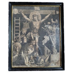 Gravure sur cuivre : Jésus en croix avec symboles de vanités et mise en œuvre de la passion
