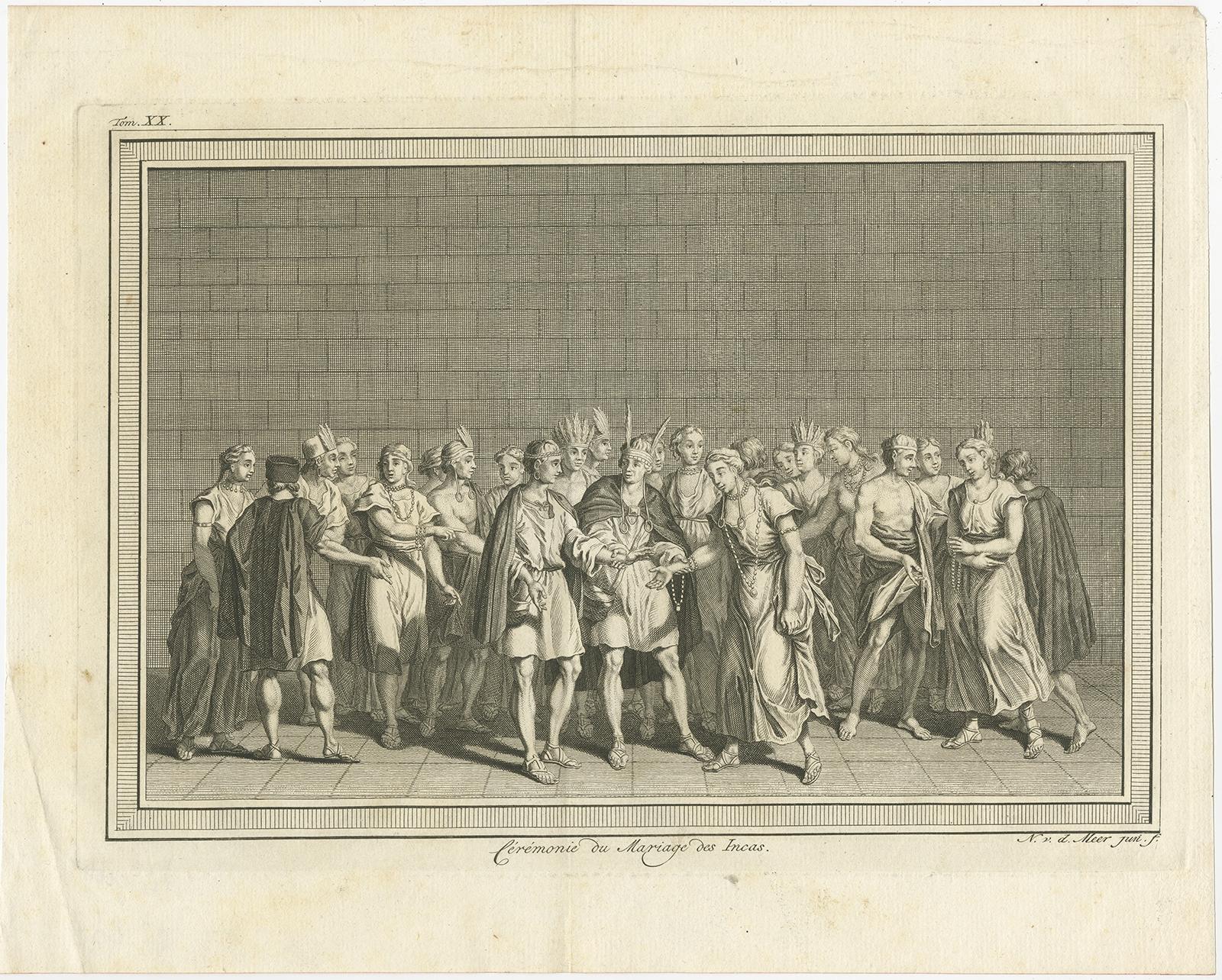 Description: Antique print titled 'Cérémonie du Mariage des Incas'. 

Copper engraving of an Inca marriage ceremony. 

This print originates from volume 20 of 'Histoire generale des voyages (..)' by Antoine Francois Prevost d'Exile.

Artists
